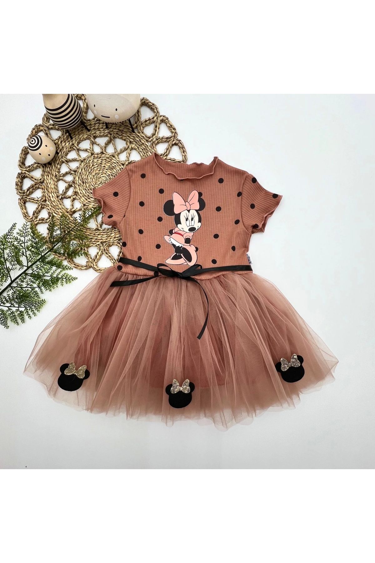 2-3-4 Years Old Polka Dot Mickey Printed Ribbon Belted Lined Baby Girl Tutu Dress
