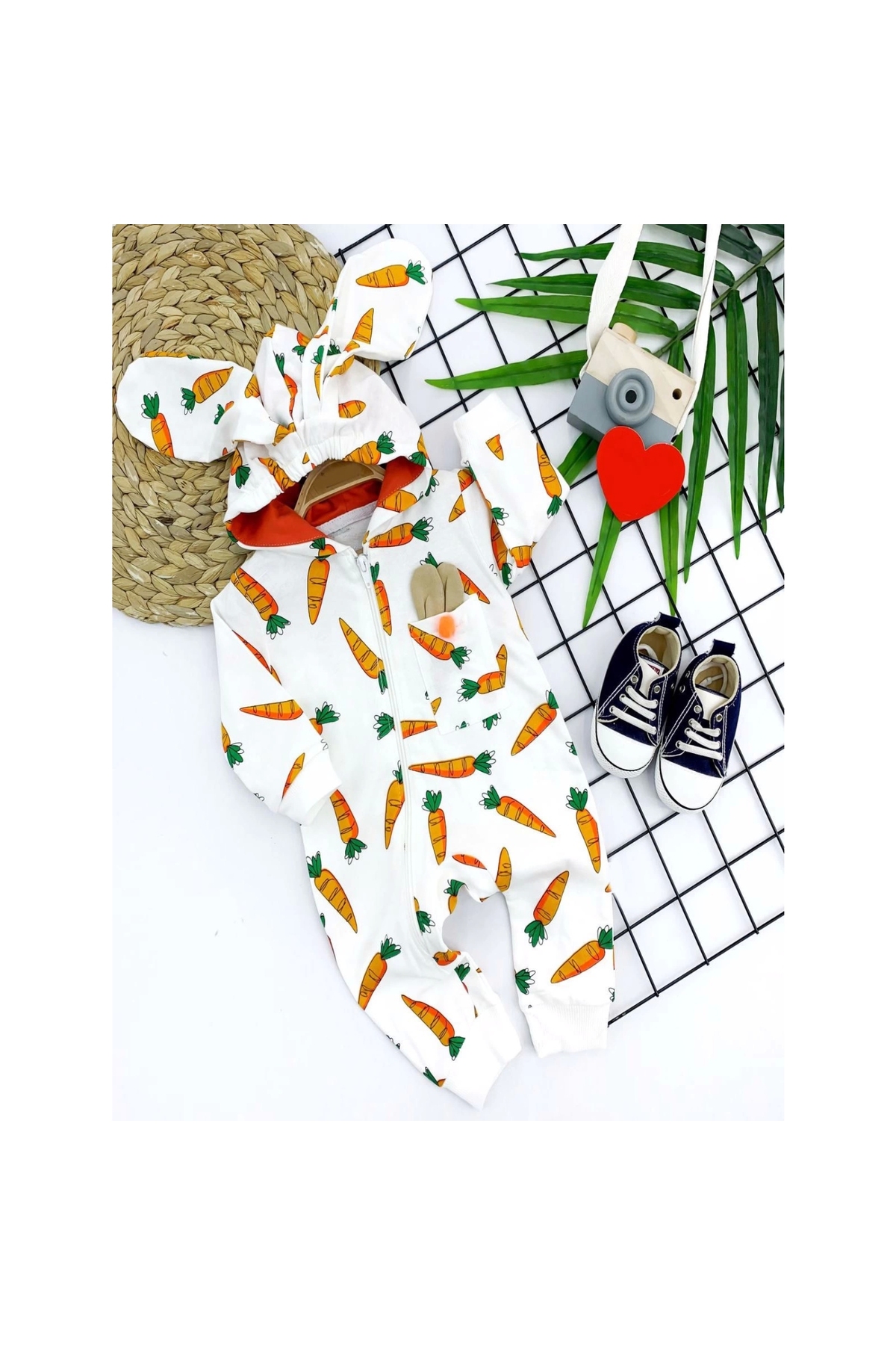 3-6-9-12 Months Hooded Carrot Printed Long Sleeve Baby Girl and Boy Rompers with Ears