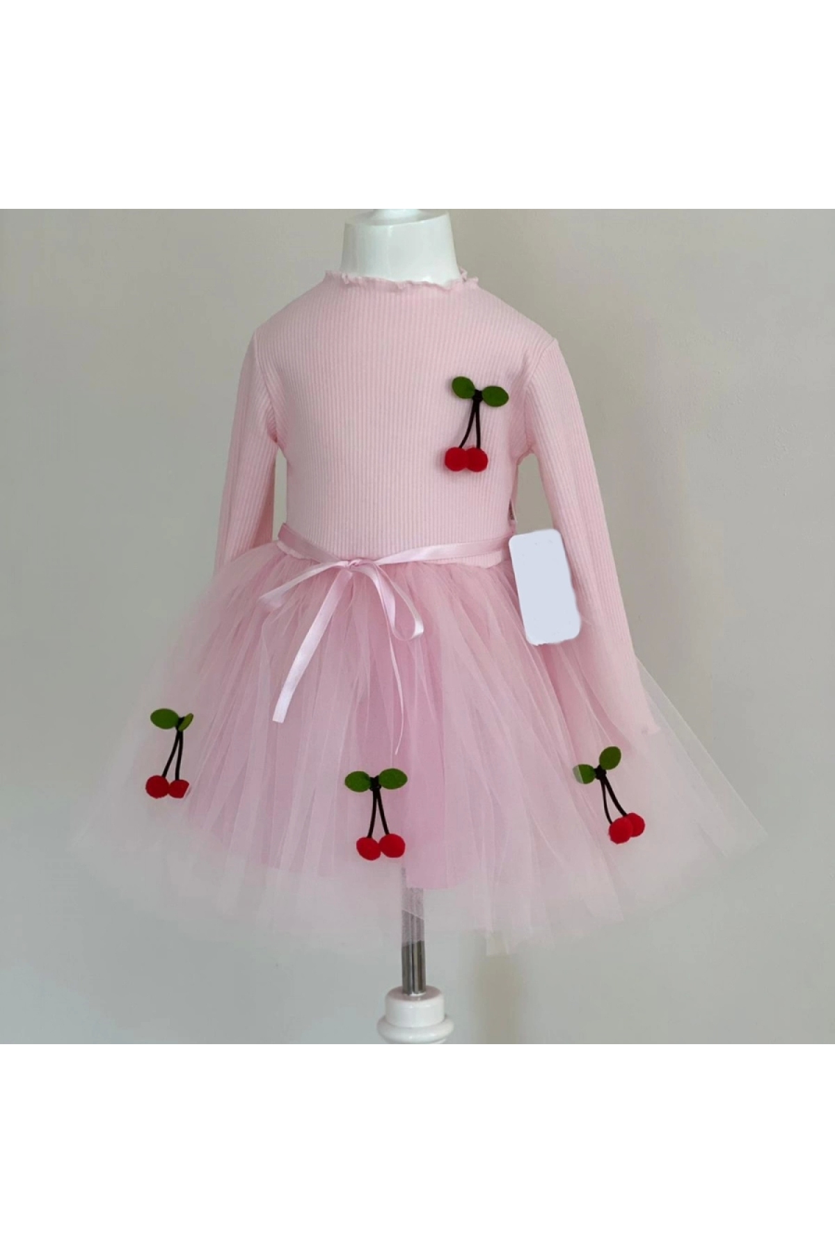 5-6-7 Years Old Cherry Patterned Ribbon Belted Lined Long Sleeve Girls Tutu Dress