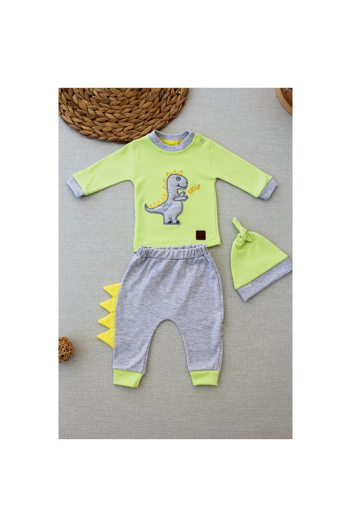 3-6 6-9 9-12 Months Little Dino Embroidered Hat Long Sleeve Sweat 3-Piece Baby Girl-Boy Set