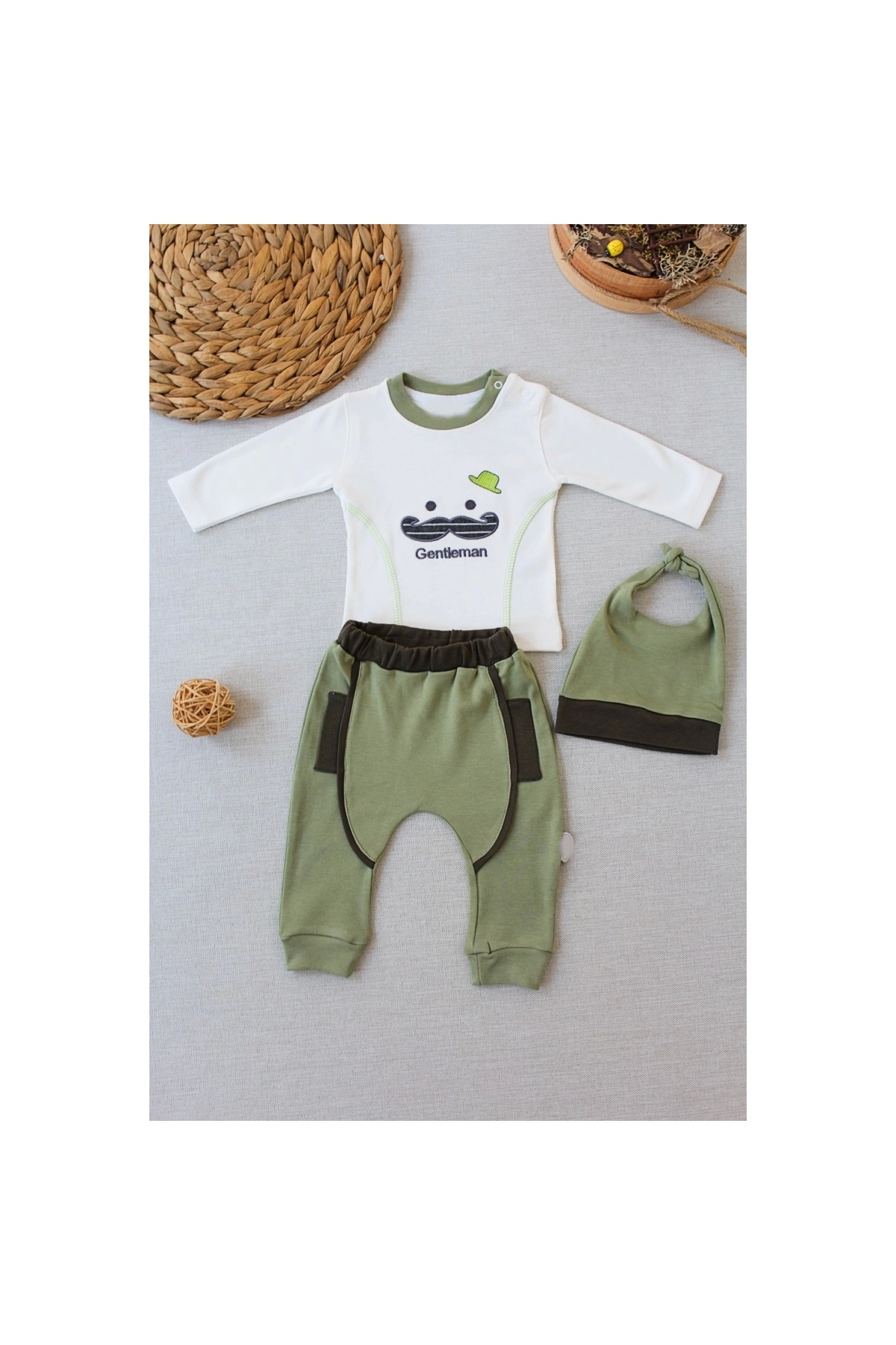 3-6 6-9 9-12 Months Gentleman Boy Embroidered Hat Long Sleeve Sweat 3-Piece Baby Boy Set