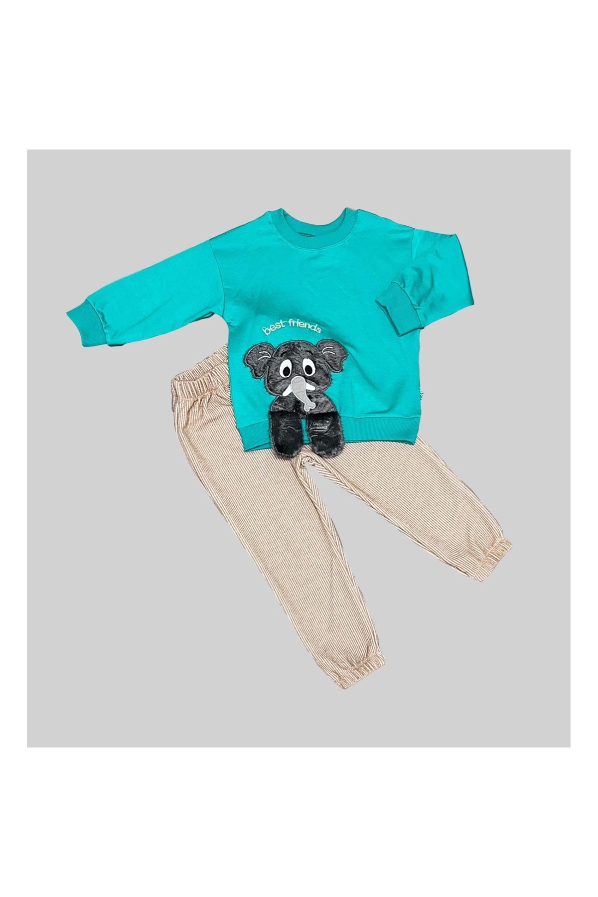 1-2-3 Years Old Elephant Rocking Foot Patterned Lycra Combed Fabric Sweat Trousers 2-Piece Children's Set for Girls and Boys