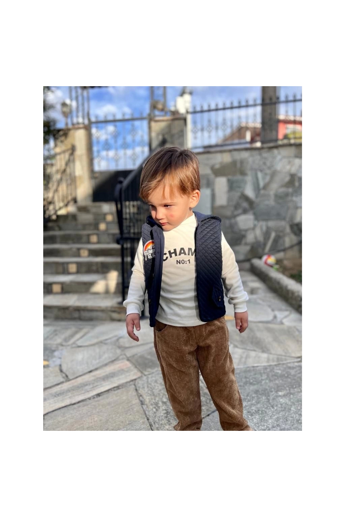 3-4-5 Years Old Corduroy Trousers Quilted Hooded Vest Long Sleeve Sweat 3-Piece Boy Set