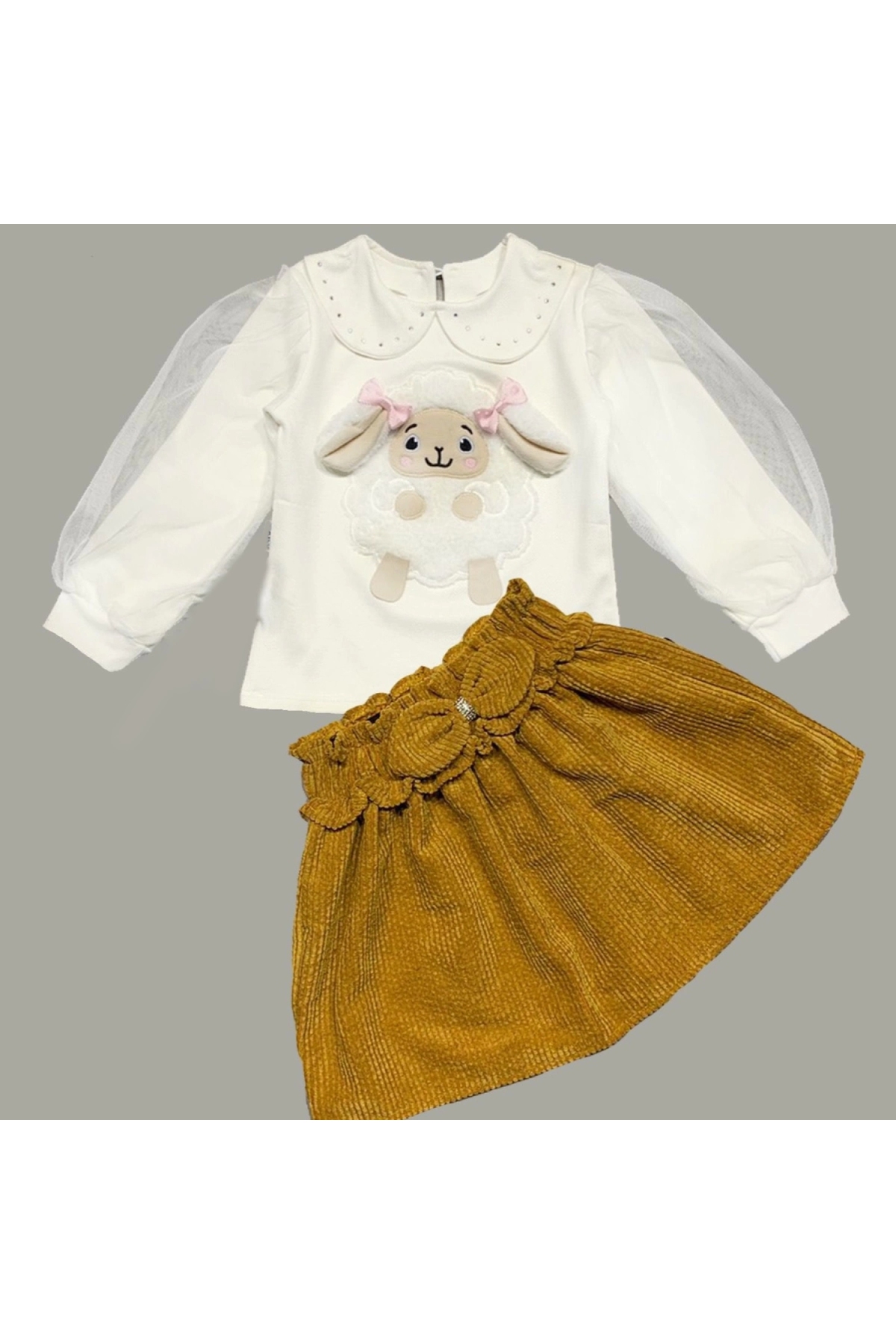 3-4-5 Years Old Corduroy Skirt, Tulle and Long Sleeve Lamb Embroidered Sweat 2-Piece Girls' Set