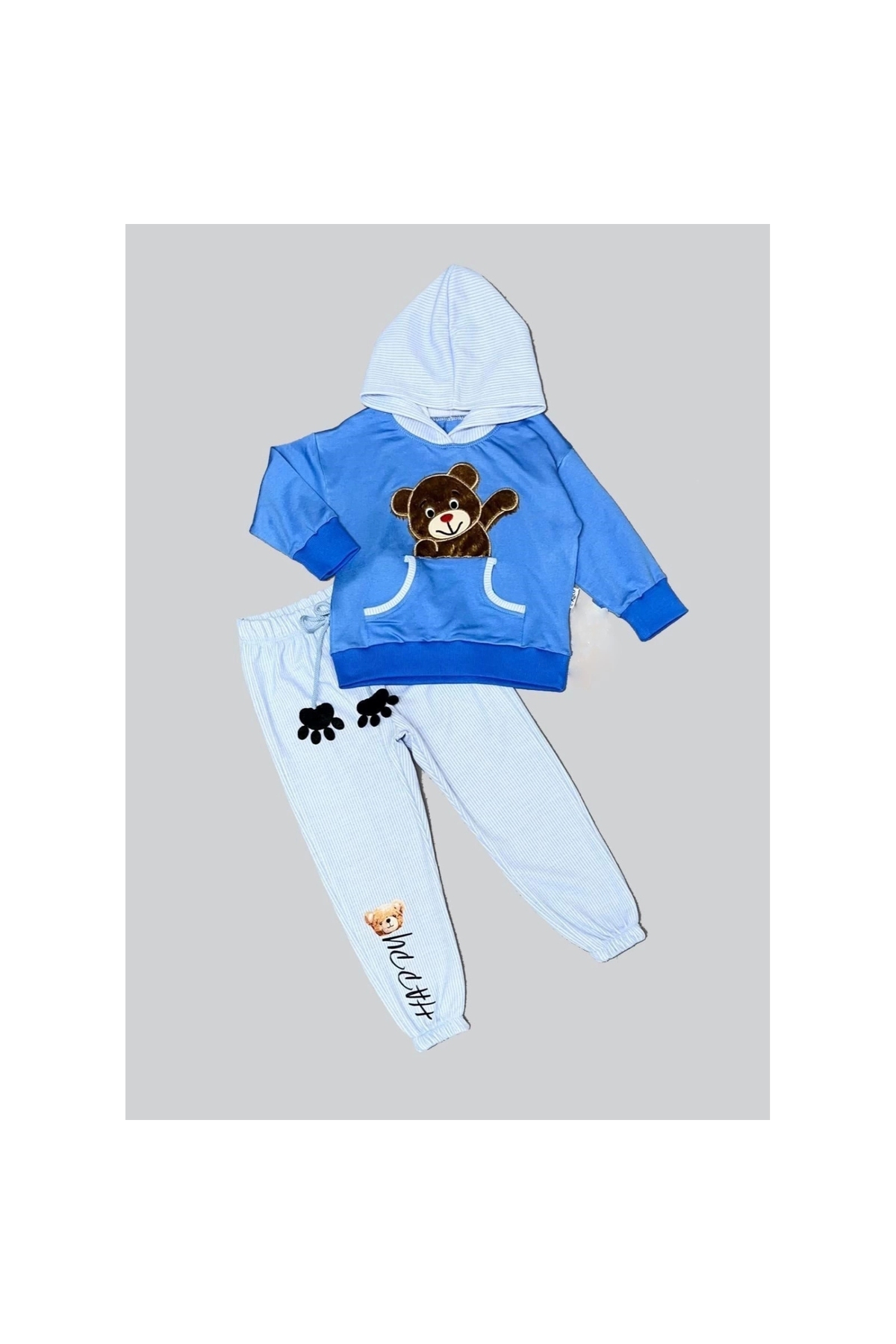 2-3-4 Years Old Plush Bear Patterned Hooded Long Sleeve Combed Cotton Sweat Set of 2 Boys
