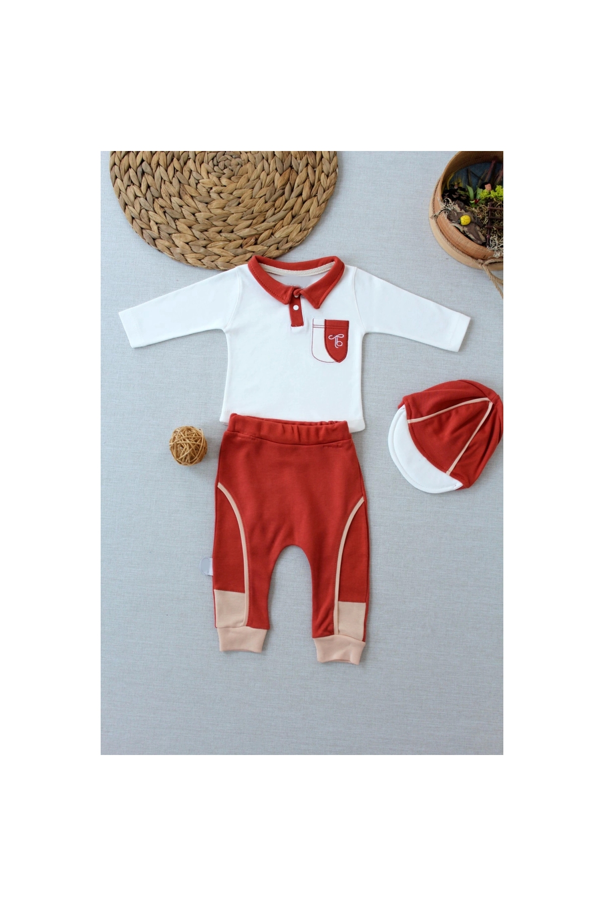 3-6 6-9 9-12 Months Baby Boy Set with Embroidered Pocket Hat and Long Sleeve Sweat 3 Piece