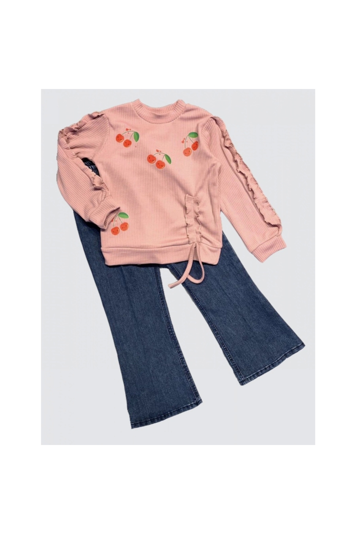 4-5-6 Years Old Cherry Patterned Combed Cotton Sweat Long Sleeve 2-Piece Girl's Set with Denim Trousers