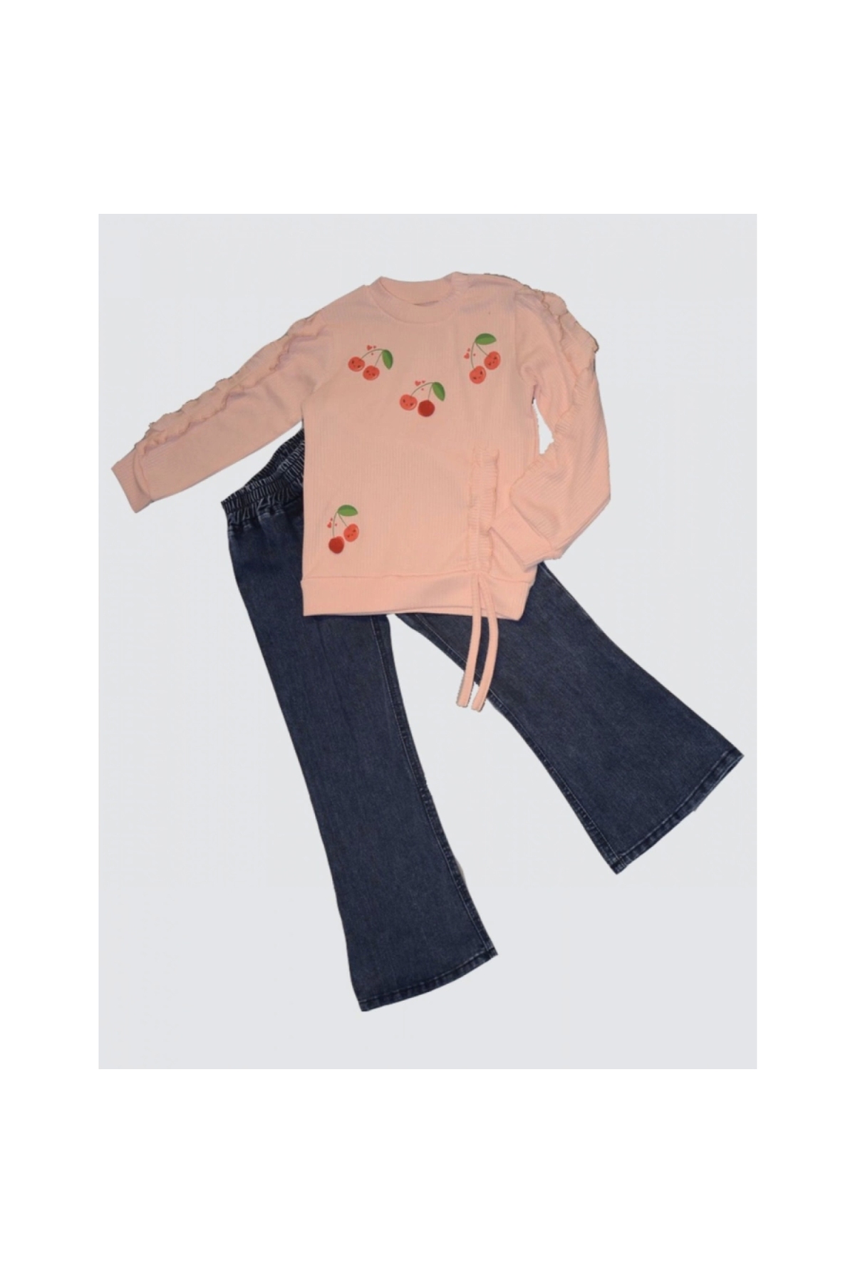 4-5-6 Years Old Cherry Patterned Combed Cotton Sweat Long Sleeve 2-Piece Girl's Set with Denim Trousers