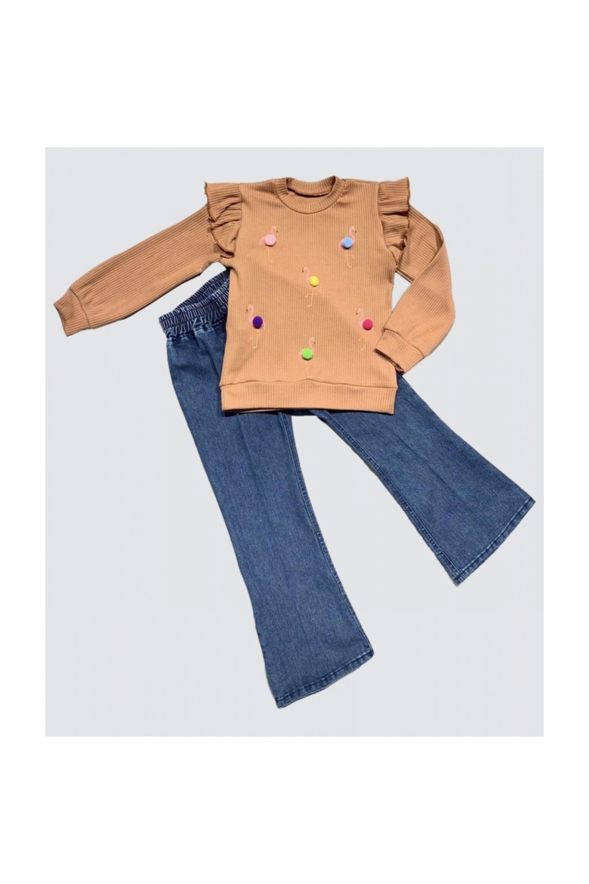 4-5-6 Years Old Flamingo Patterned Combed Cotton Sweat Long Sleeve 2-Piece Girls' Set with Jeans