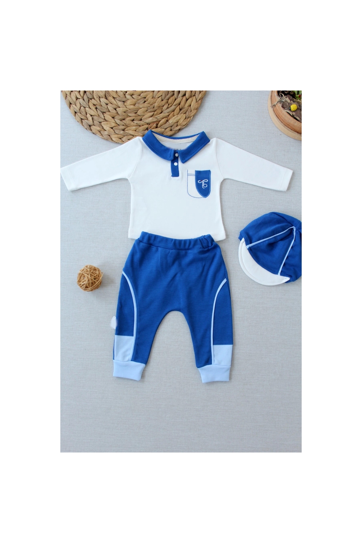 3-6 6-9 9-12 Months Baby Boy Set with Embroidered Pocket Hat and Long Sleeve Sweat 3 Piece