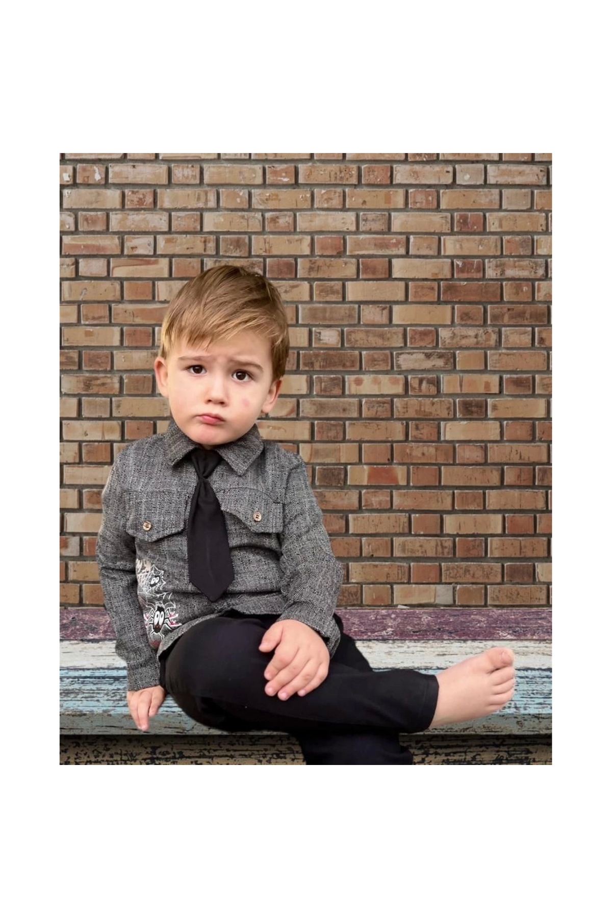 3-4-5 Years Age 3-Piece Boy's Set with Tie, Linen Shirt, Gabardine Trousers, Long Sleeves