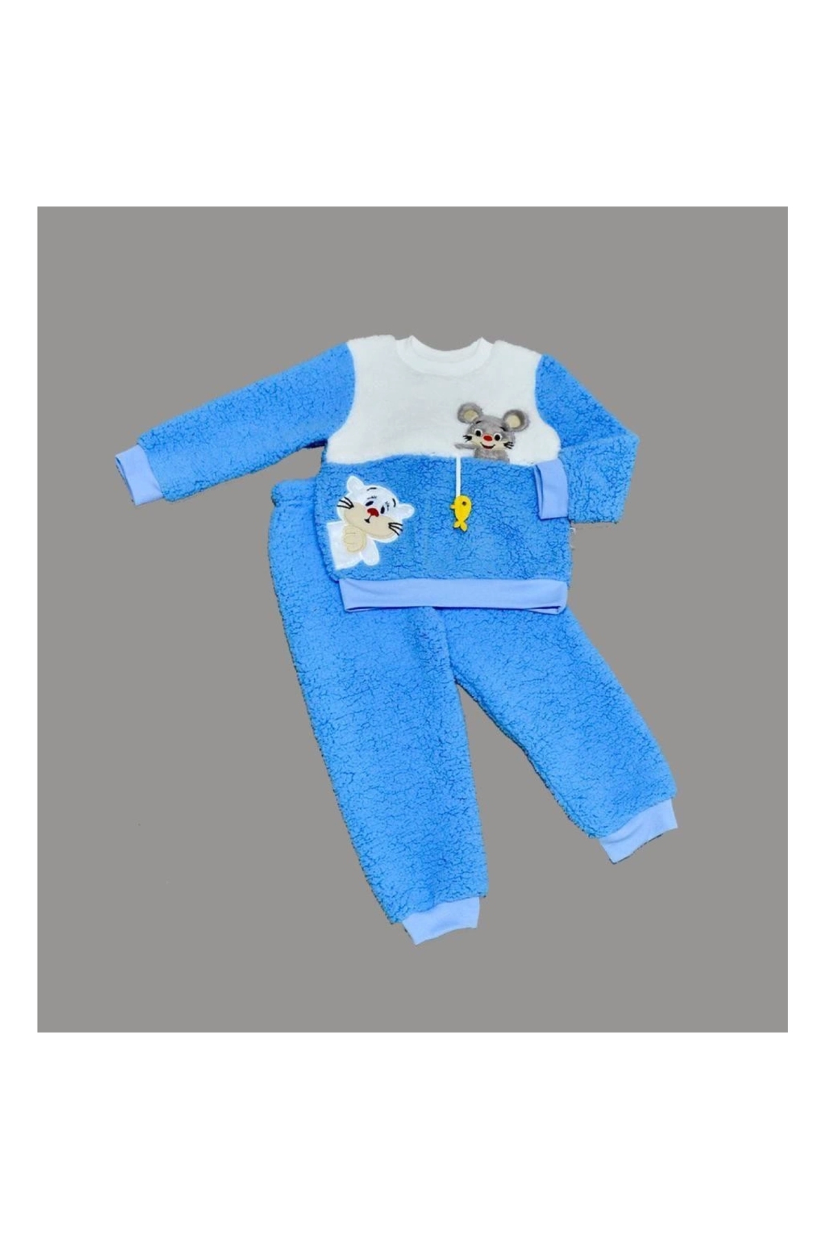 1-2-3 Years Old Swinging Fish Embroidered Lamb Fabric Sweat Trousers Long Sleeve Girls Boys 2 Piece Set