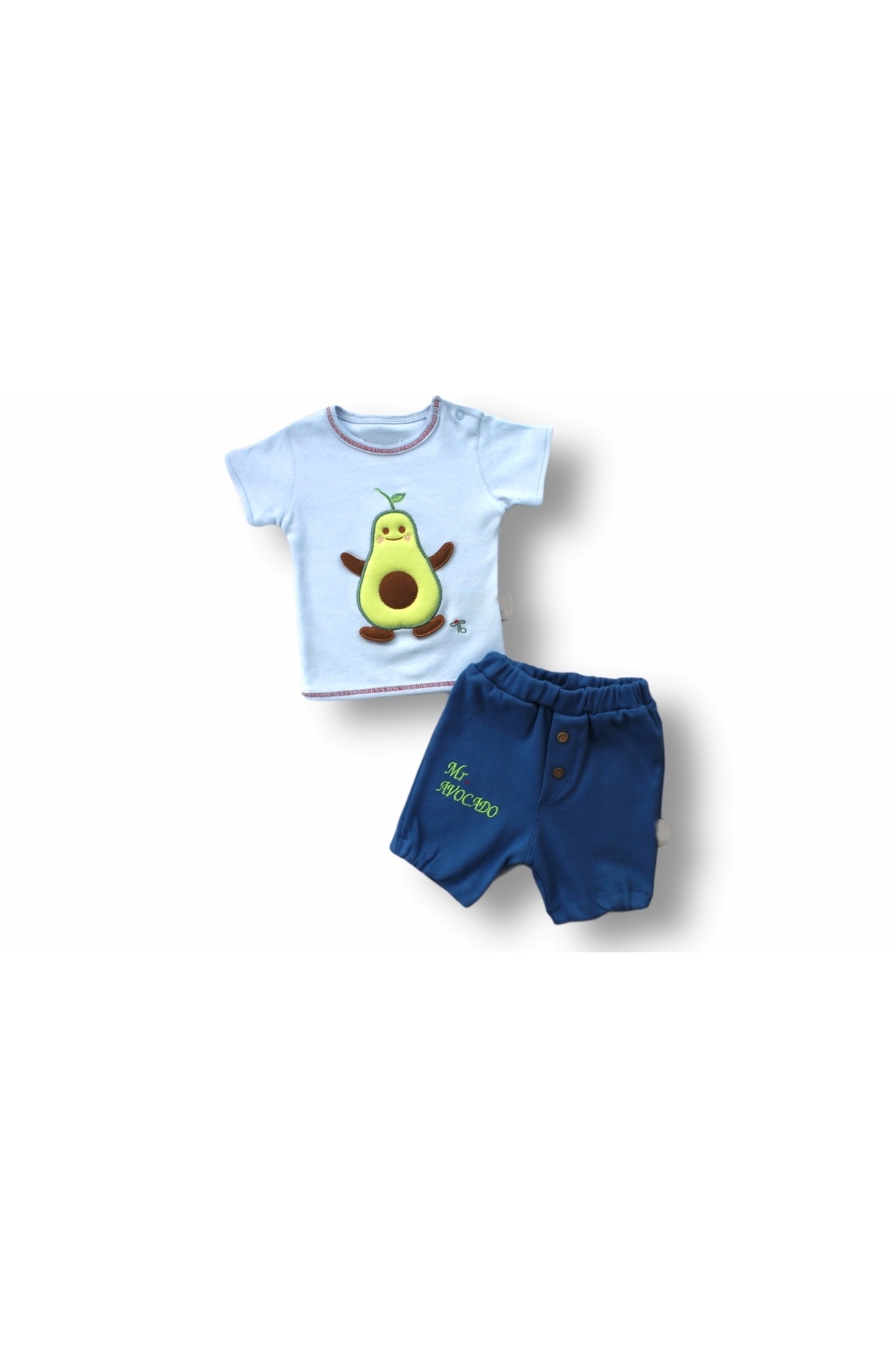 3-6 6-9 9-12 12-18 Months 2-Piece Baby Girl-Boy Set with Avocado Embroidered Short Sleeve Sweat and Shorts