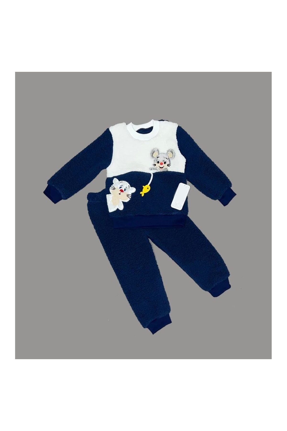 1-2-3 Years Old Swinging Fish Embroidered Lamb Fabric Sweat Trousers Long Sleeve Girls Boys 2 Piece Set