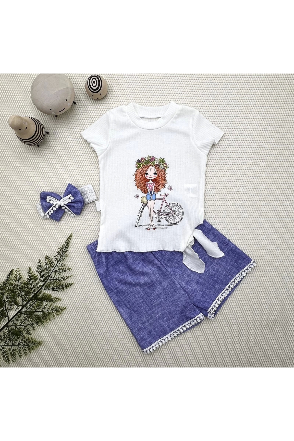 1-2-3 Years Old Bicycle Girl Printed Bandana Denim Patterned Shorts Short Sleeve T-Shirt 3-Piece Baby Girl Set