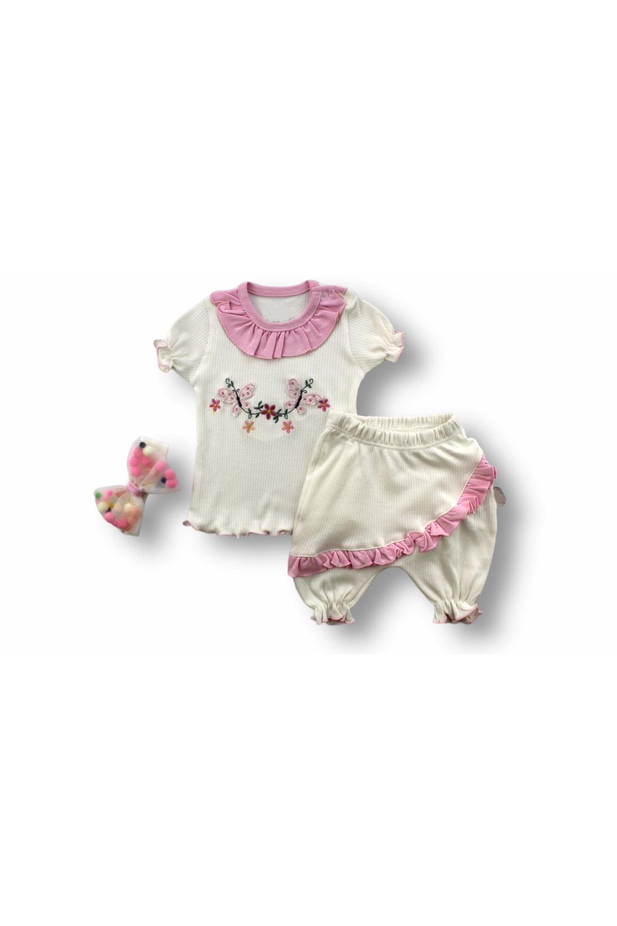 6-9 9-12 12-18 Months Floral Embroidered Roman Shalwar Bandana Short Sleeve Sweat 3-Piece Baby Girl Set