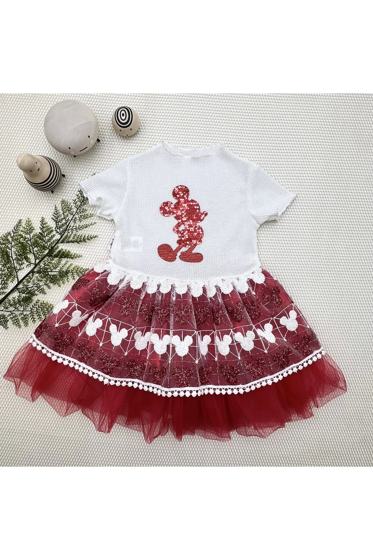 1-2-3 Years Old Sequined Mickey Printed Baby Girl Dress with Embroidery Skirt