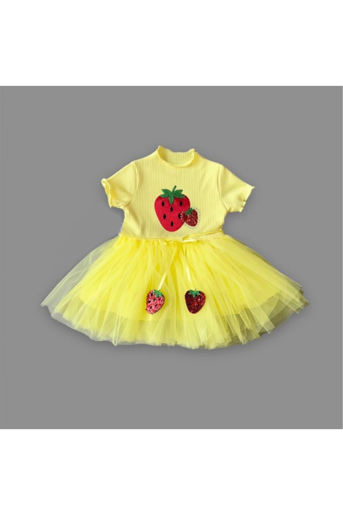 1-2-3 Years Old Sequined Strawberry Printed Strawberry Belted Baby Girl Dress