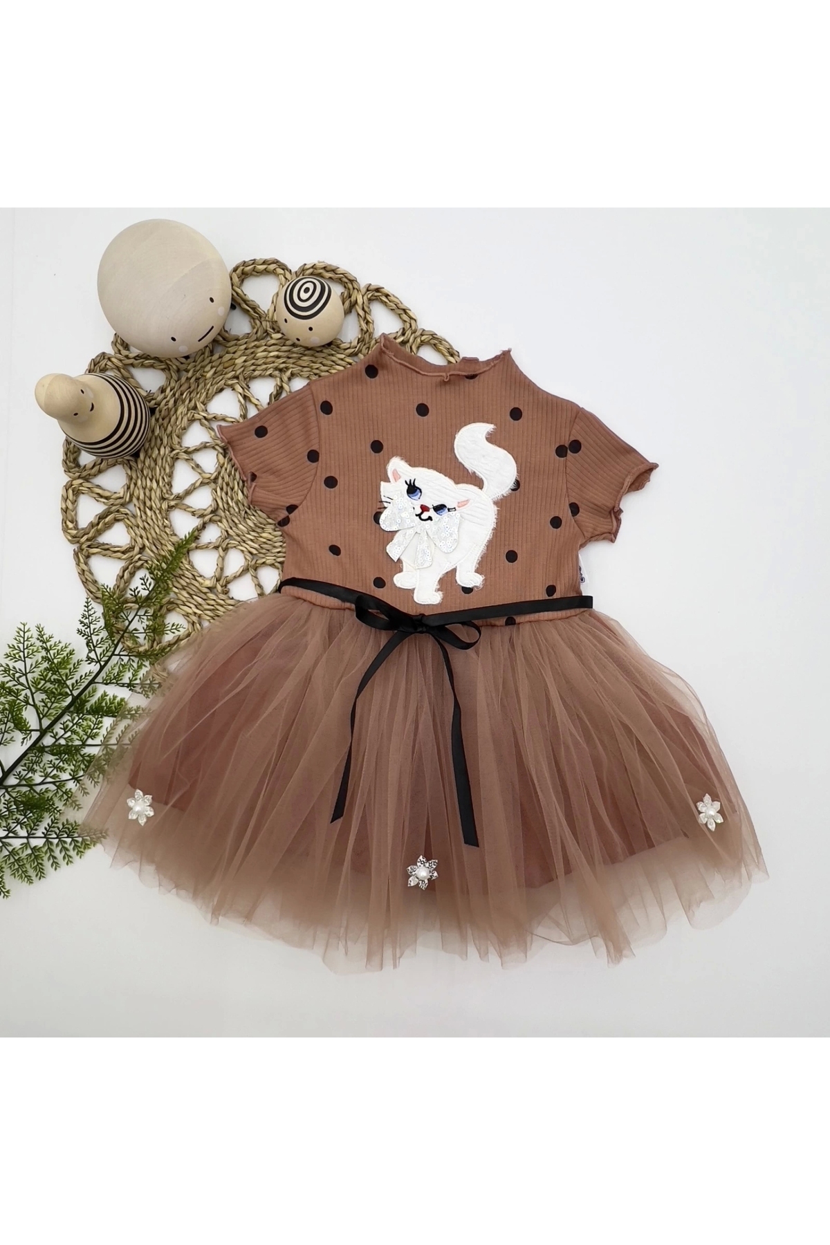 1-2-3 Years Old Sequined Kitten Printed Polka Dot Baby Girl Dress