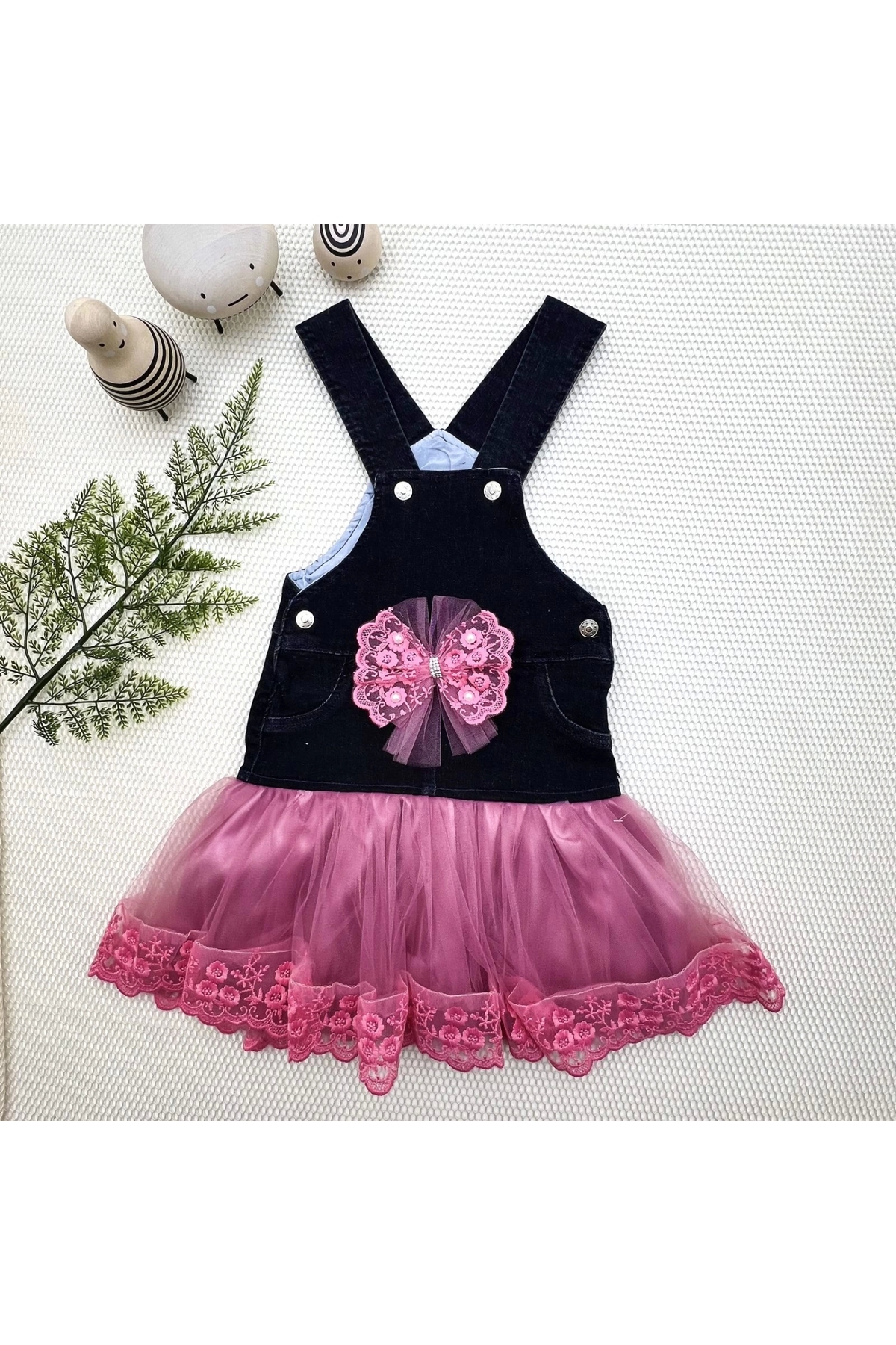 2-3-4 Years Old Bow Button Detailed Tulle Skirt Denim Fabric Salopet Girl's Dress