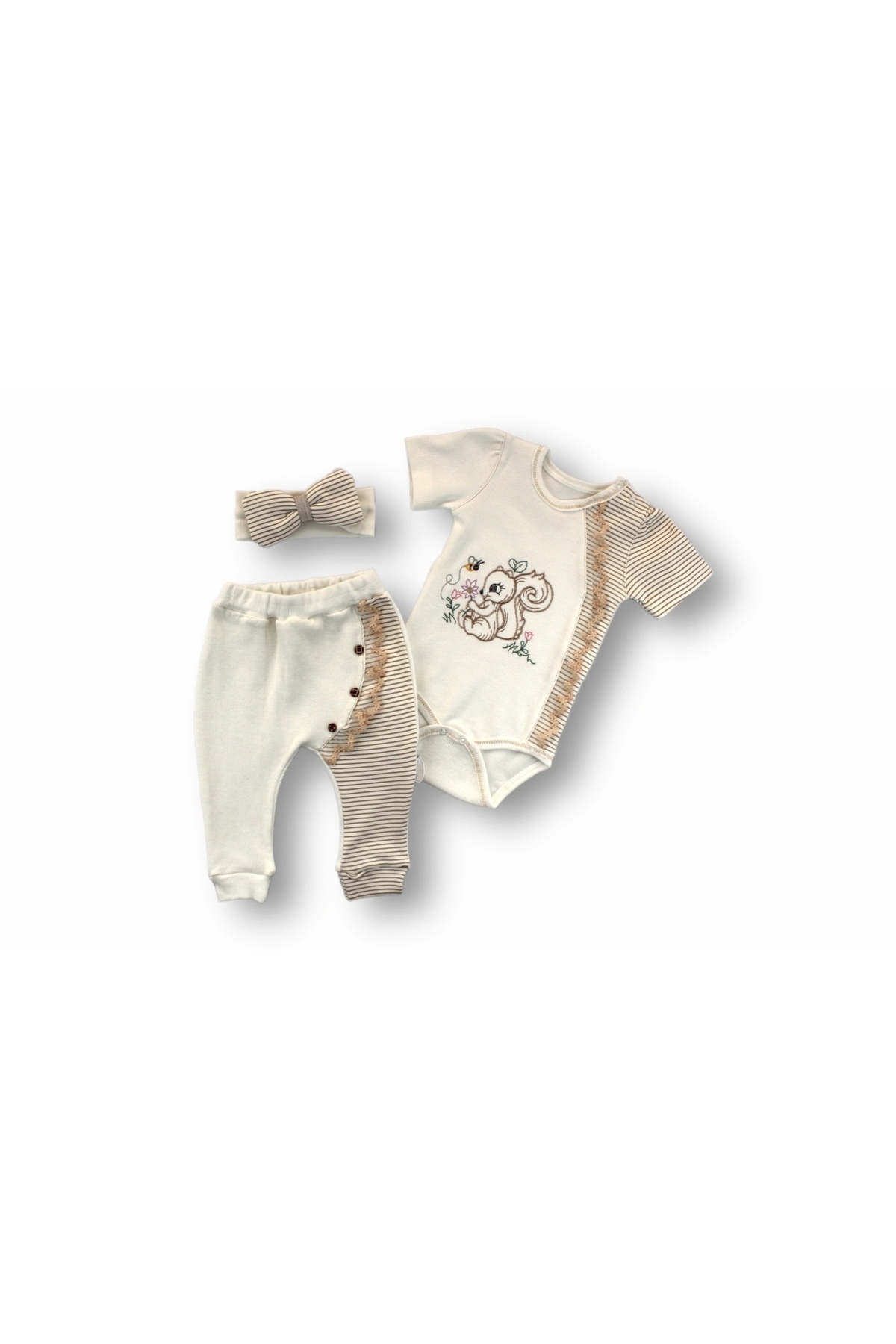 3-6 6-9 9-12 Months Little Squirrel Embroidered Hat Long Sleeve Bodysuit 3 Piece Baby Girl Set