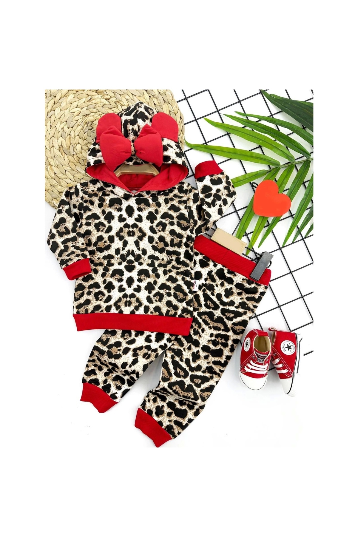 9-12-18-24 Months Leopard Patterned Bow Tie Hooded 2-Piece Baby Girl Set