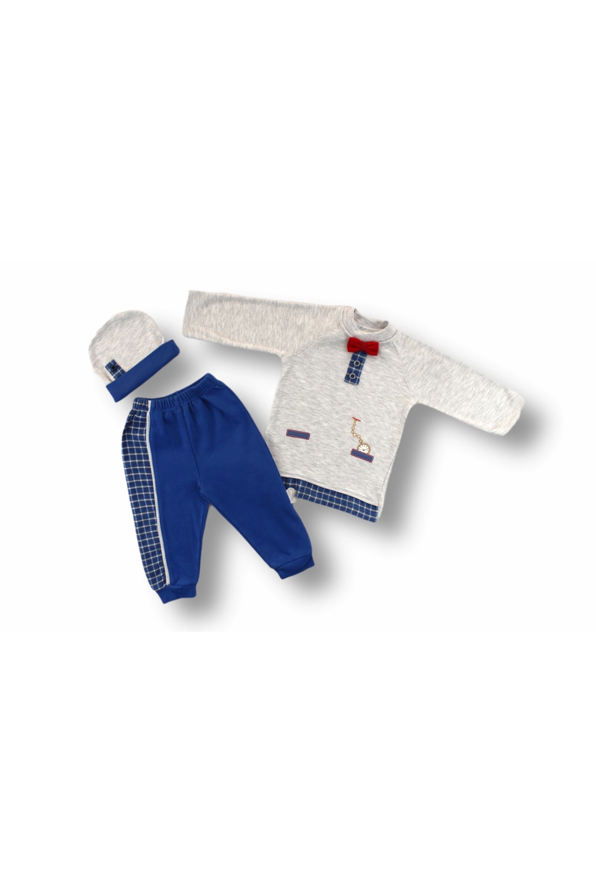 3-6 6-9 9-12 Months 3-Piece Baby Boy Set with Pocket Watch, Embroidered Hat, Long Sleeves and Sweats