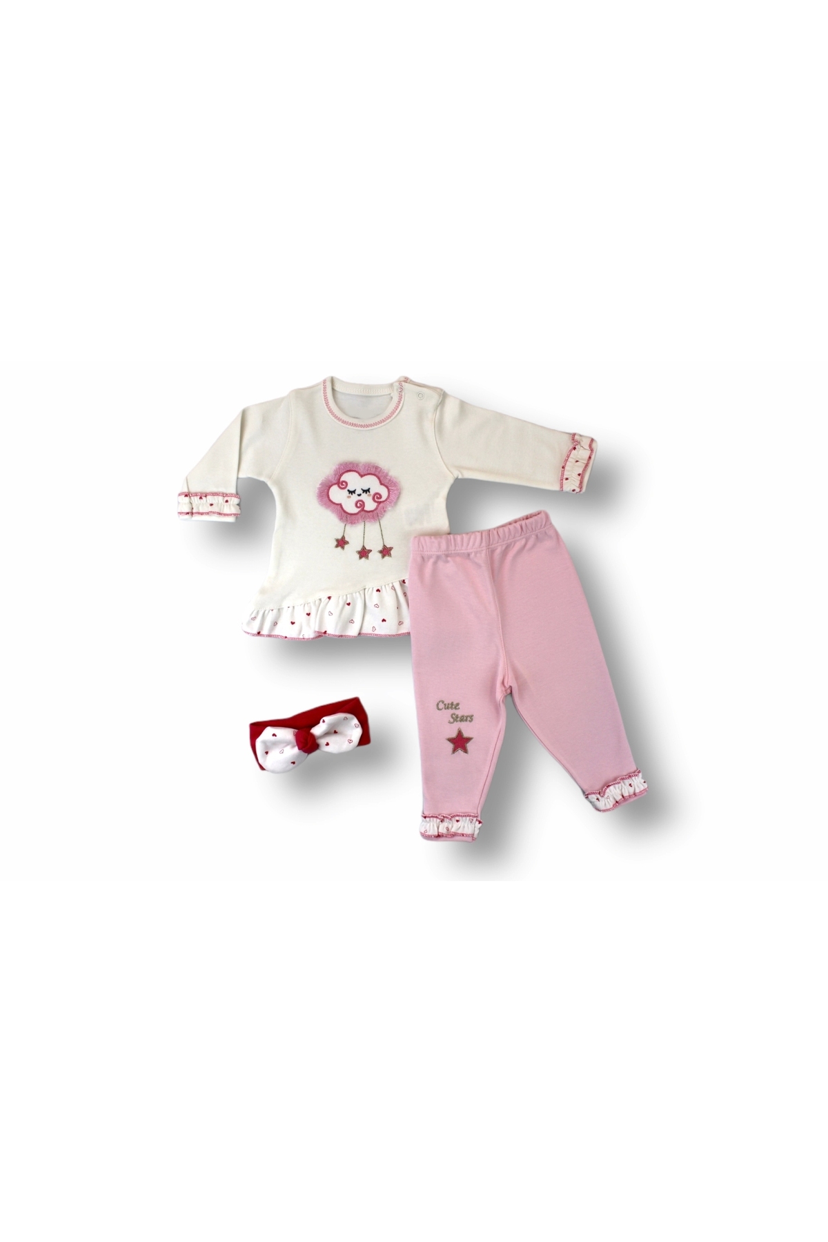 3-6 6-9 9-12 Months Sleepy Cloud Embroidered Bandana Long Sleeve Sweat 3-Piece Baby Girl Set
