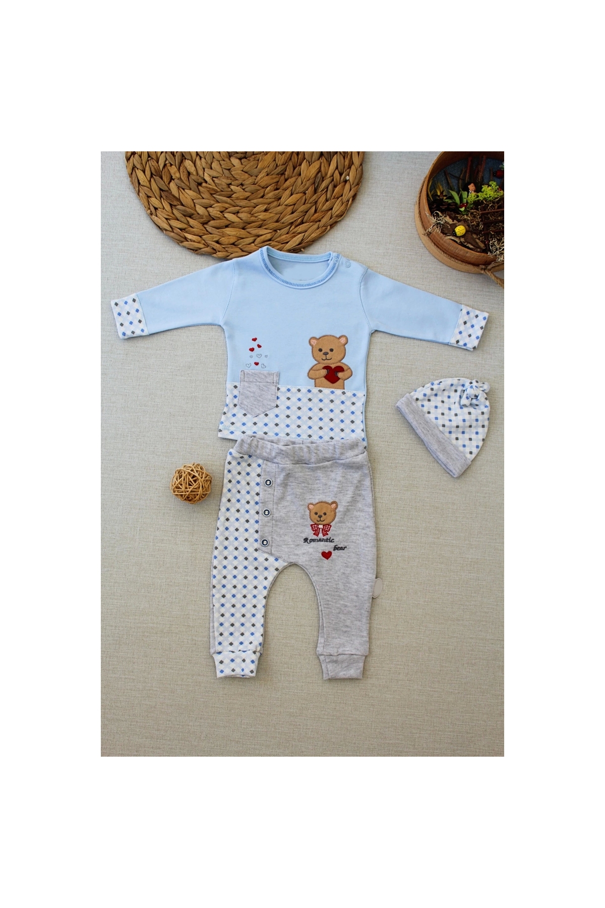 3-6 9-12 12-18 Months Romantic Teddy Bear Embroidered Hat Long Sleeve Sweat 3 Piece Baby Girl-Boy Set