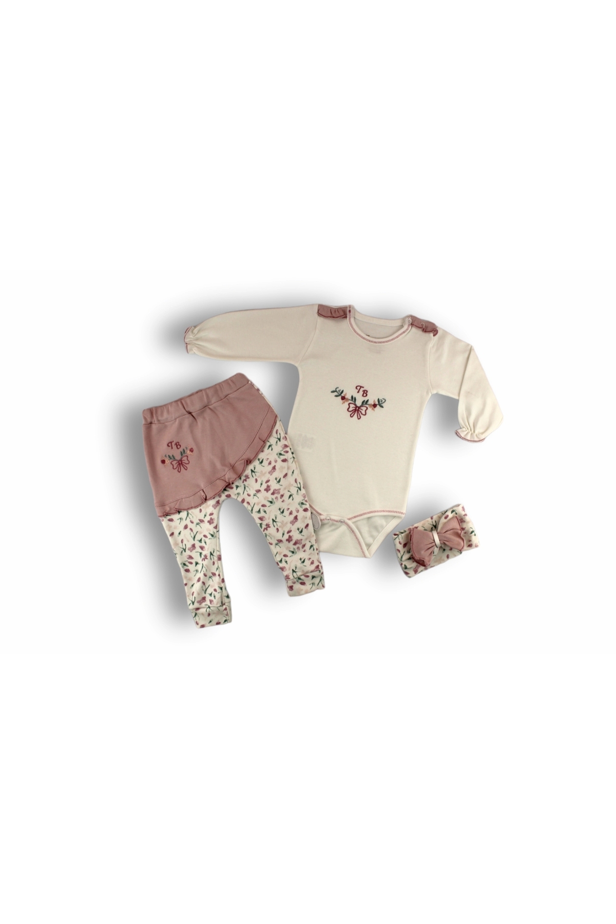 3-6 6-9 9-12 Months Tb Flower Embroidered Bandana Long Sleeve Bodysuit 3 Piece Baby Girl Set