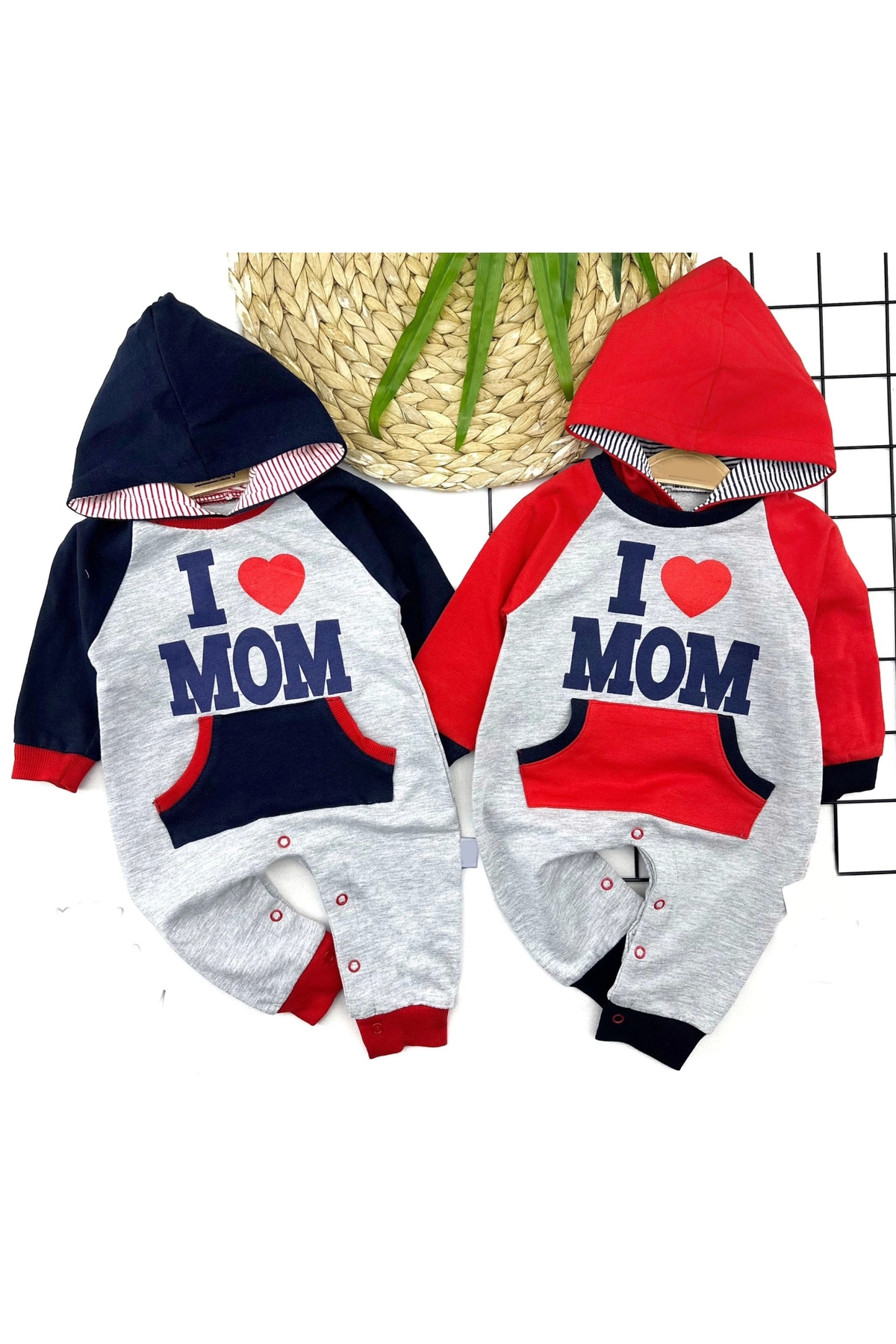 3-6-9-12 Months Hooded I Love My Mother Embroidered Long Sleeve Baby Girl and Boy Rompers (red)