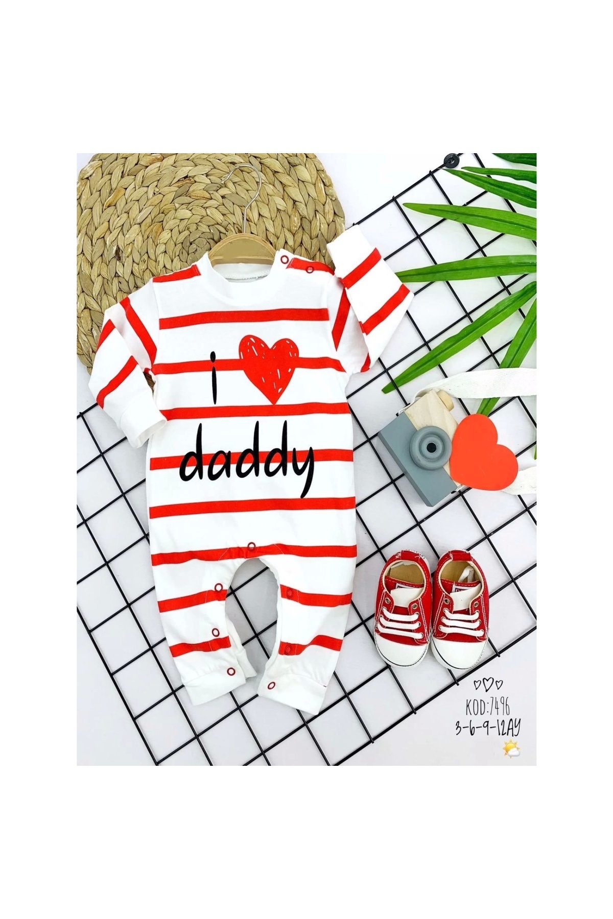 3-6-9-12 Months Red Striped I Love Daddy Printed Long Sleeve Baby Girl and Boy Rompers