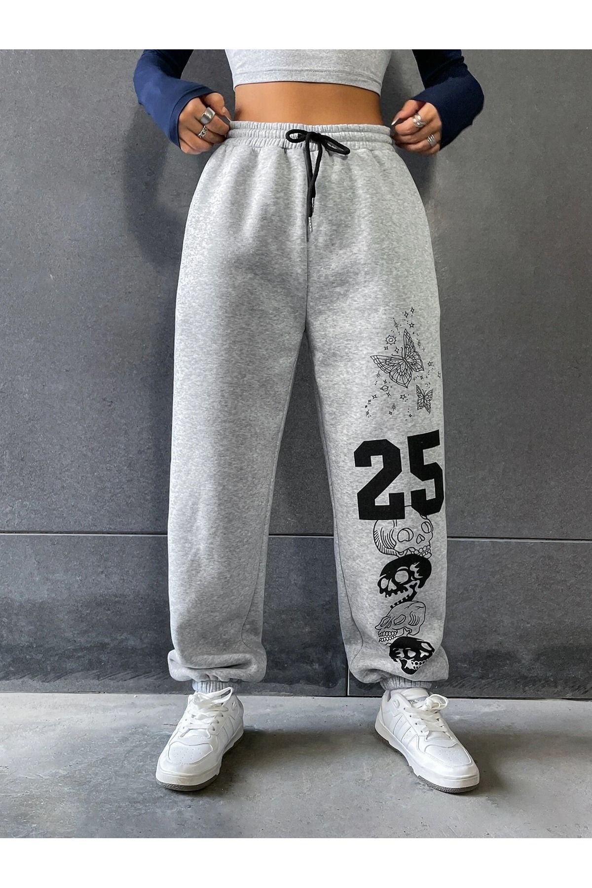 Mythologie-25 Skull Sweatpants Jogger - Γκρι εμπριμέ λαστιχένιο πόδι ψηλόμεσο χειμώνα 3