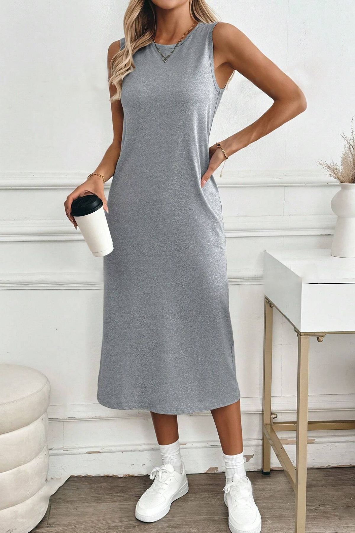 LİVE SPORT  Kadın Yırtmaçlı Pamuk Penye 125 Cm Günlük Elbise - Görsel 2