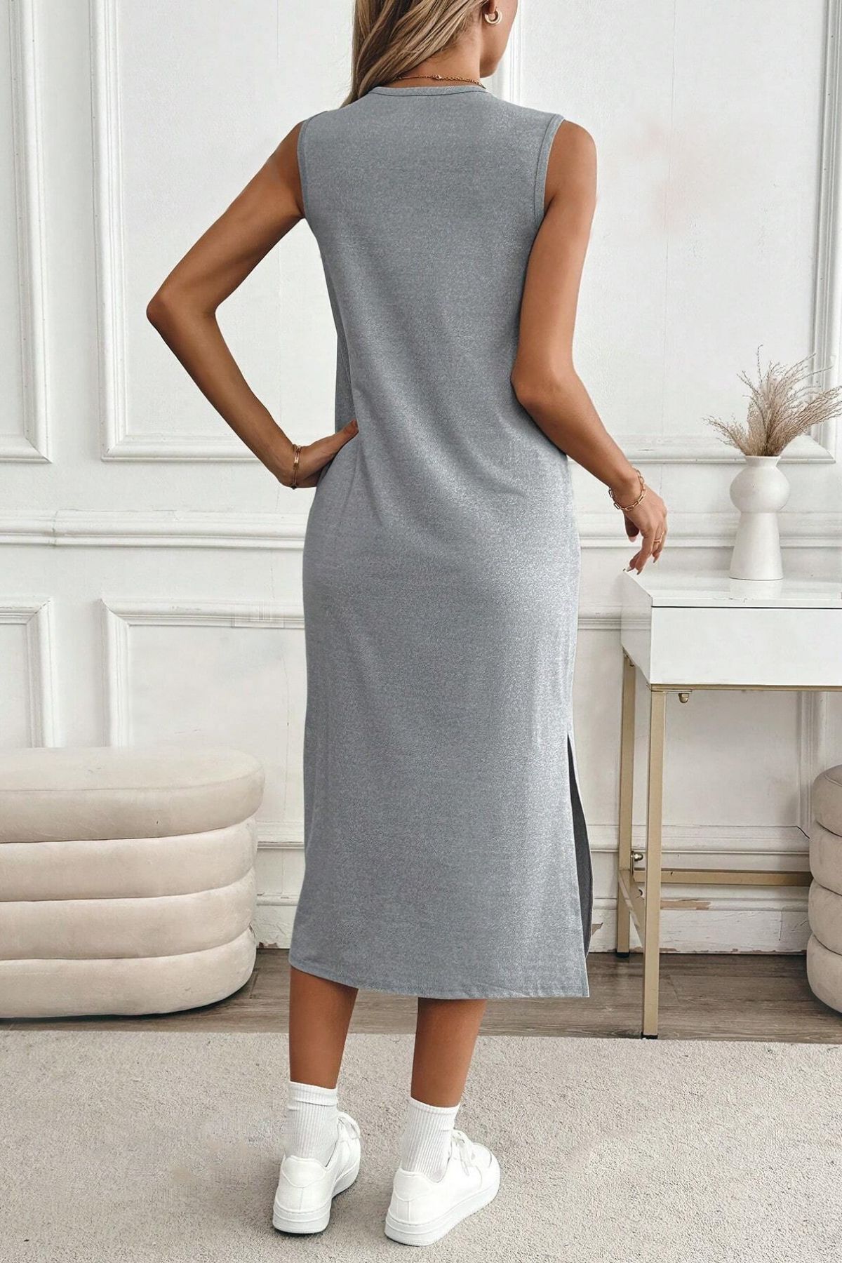 LİVE SPORT  Kadın Yırtmaçlı Pamuk Penye 125 Cm Günlük Elbise - Görsel 6