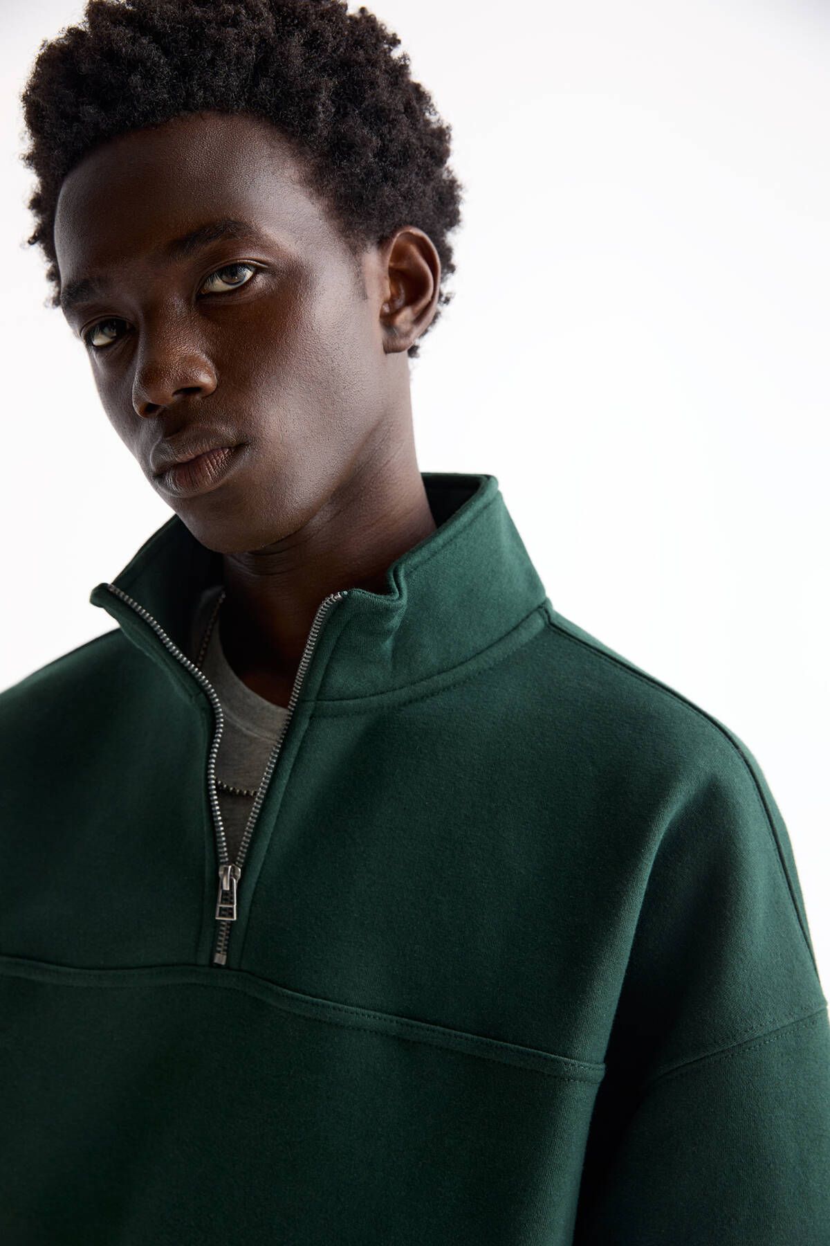 سویشرت سبز مردانه پیراهن با زیپ اورجینال Pull Bear Pull & Bear