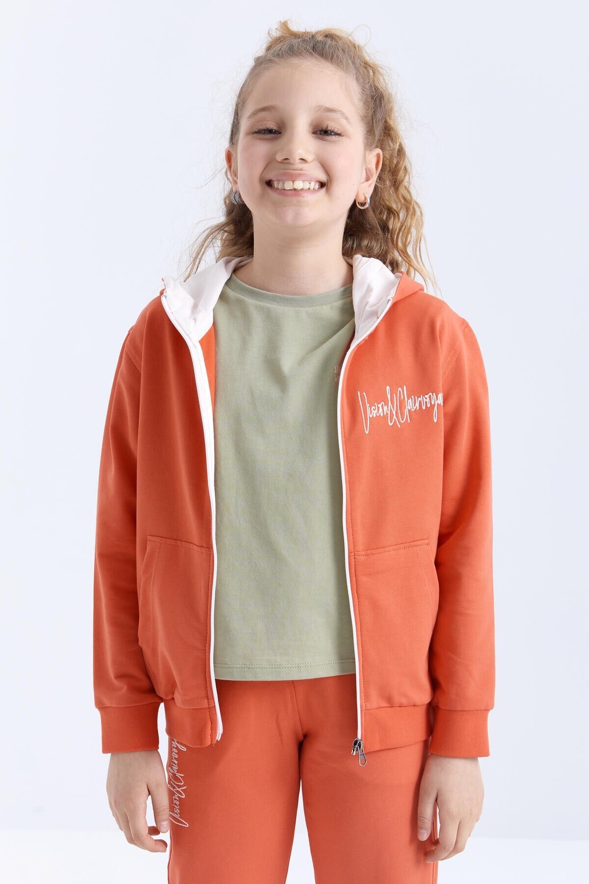 TOMMY LIFE-Trainingsanzug-Set für Mädchen – orangefarbene Textstickerei, Kapuze, bequeme Form – 75057 4