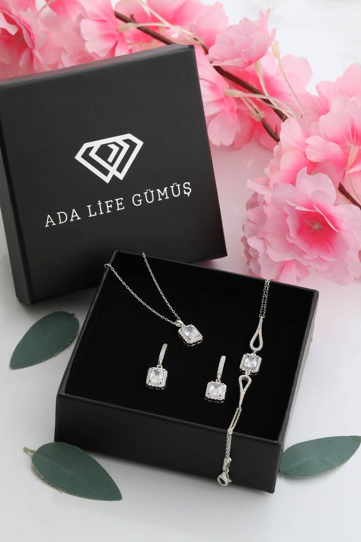 ADA LİFE GÜMÜŞ 925 Ayar Gümüş 3 Lü Tek Taş Baget Set (özel Kutulu) BİLEKLİK KÜPE KOLYE