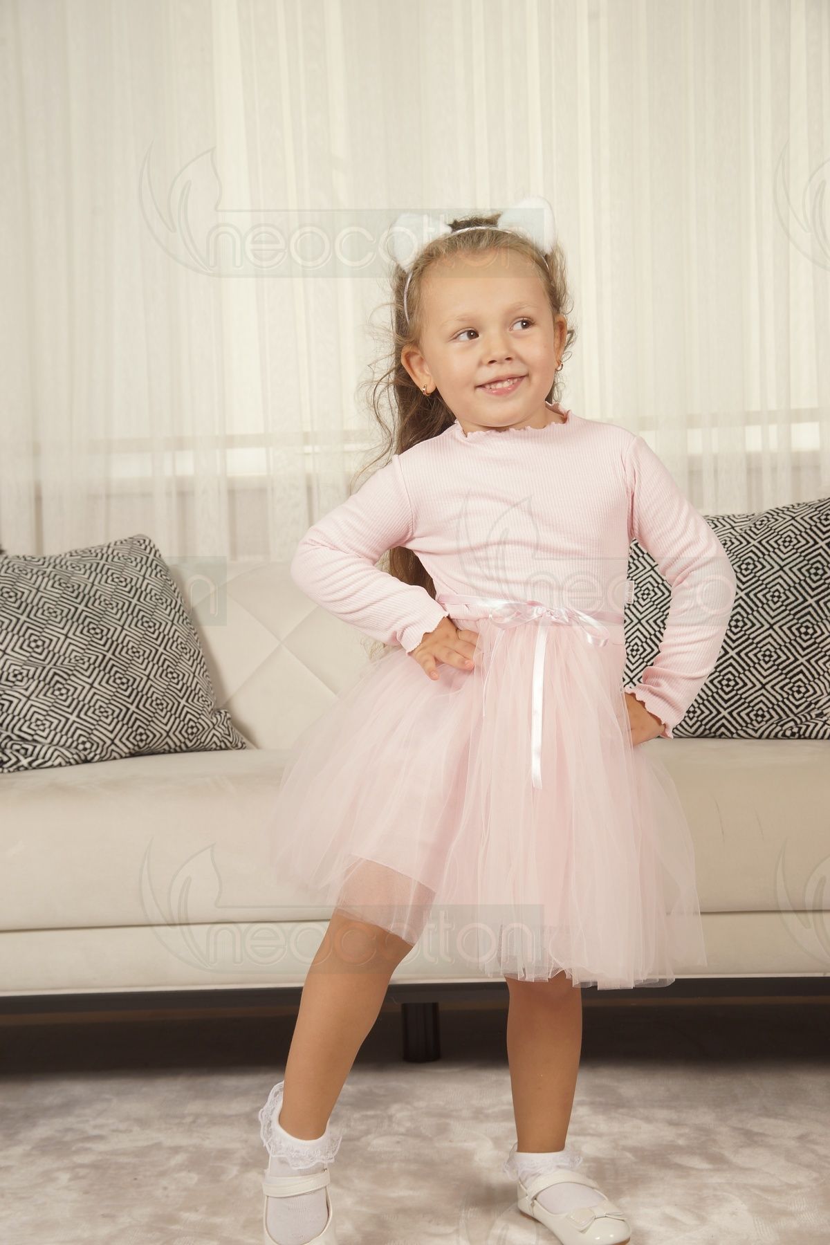 neocotton-Rochie de prințesă cu mânecă lungă, cu tul și căptușeală cu nervuri fără imprimeuri, pentru fete 3