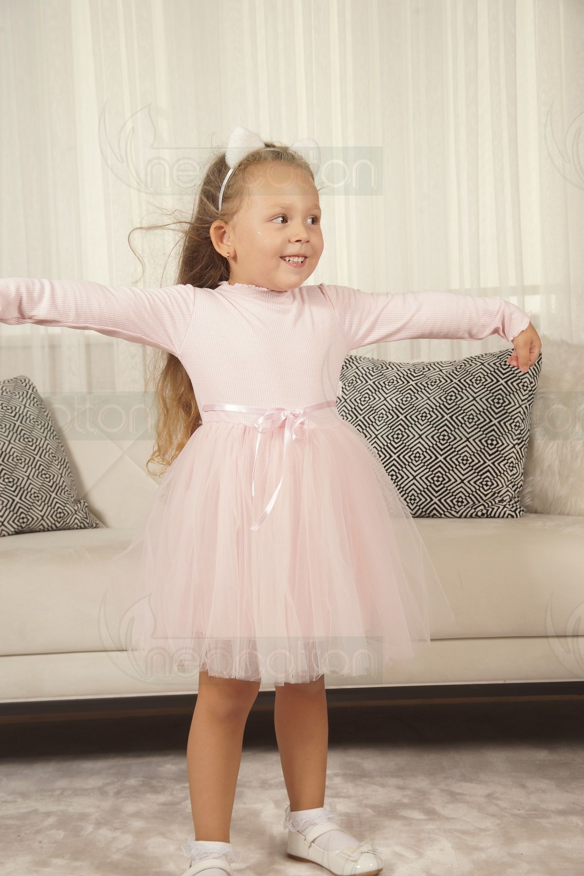 neocotton-Rochie de prințesă cu mânecă lungă, cu tul și căptușeală cu nervuri fără imprimeuri, pentru fete 5