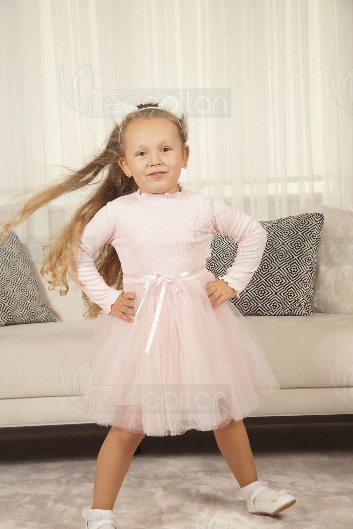 neocotton-Rochie de prințesă cu mânecă lungă, cu tul și căptușeală cu nervuri fără imprimeuri, pentru fete 2