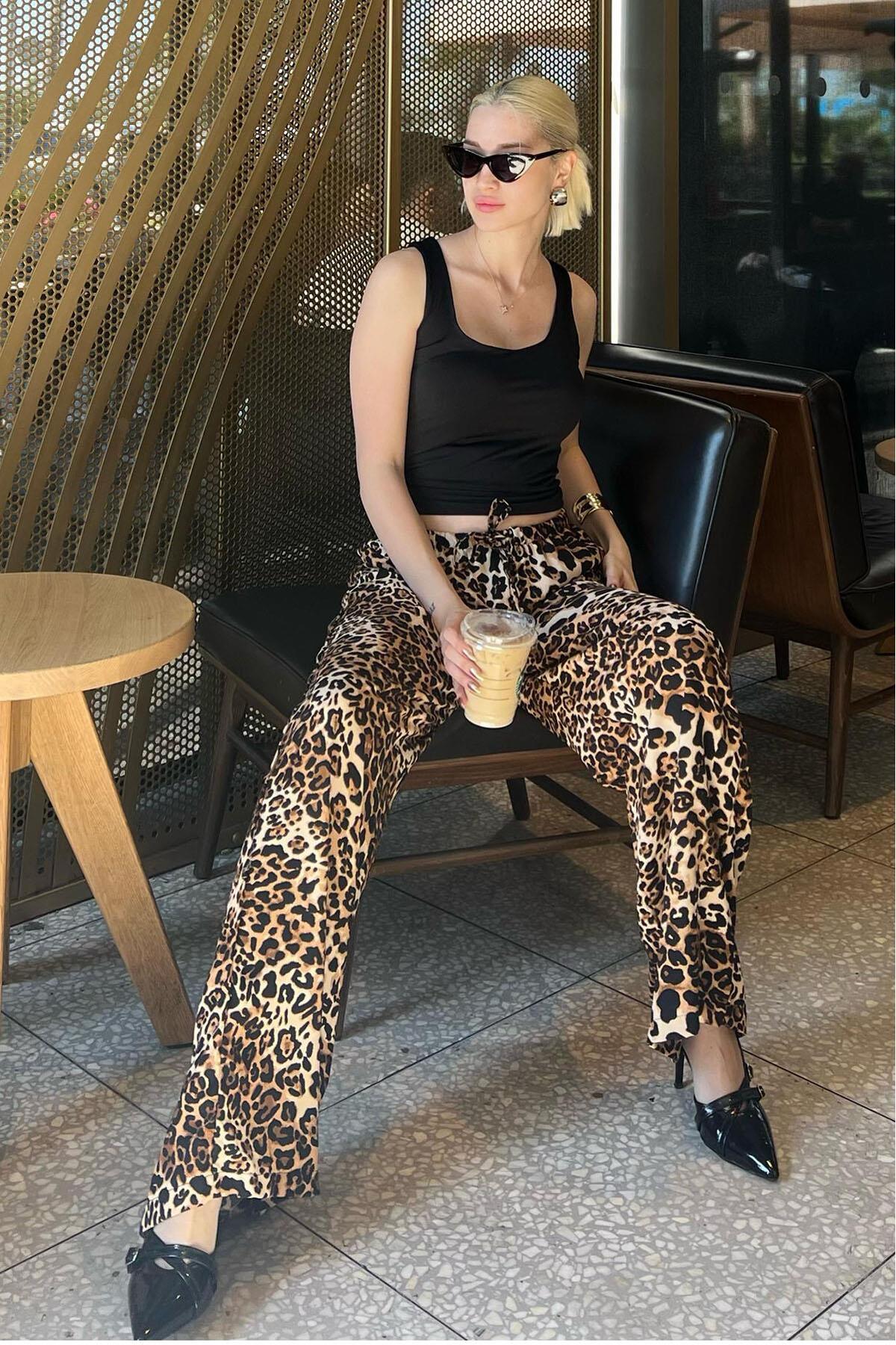 Madmext Bej Ayarlanabilir Bel Leopar Desenli Bol Paça Pantolon MG2095 ...