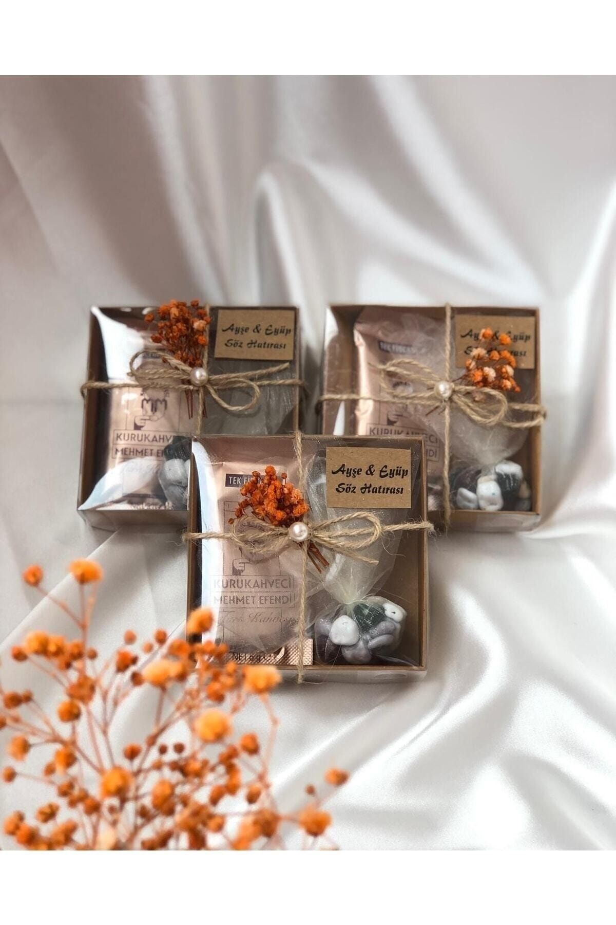 Mirabella Gift Kraft Kutulu Tek Içimlik Kahve Ve Tüllü Badem, Çakıl Taşı Söz Nişan Nikah Şekeri Hediye 10 Adet