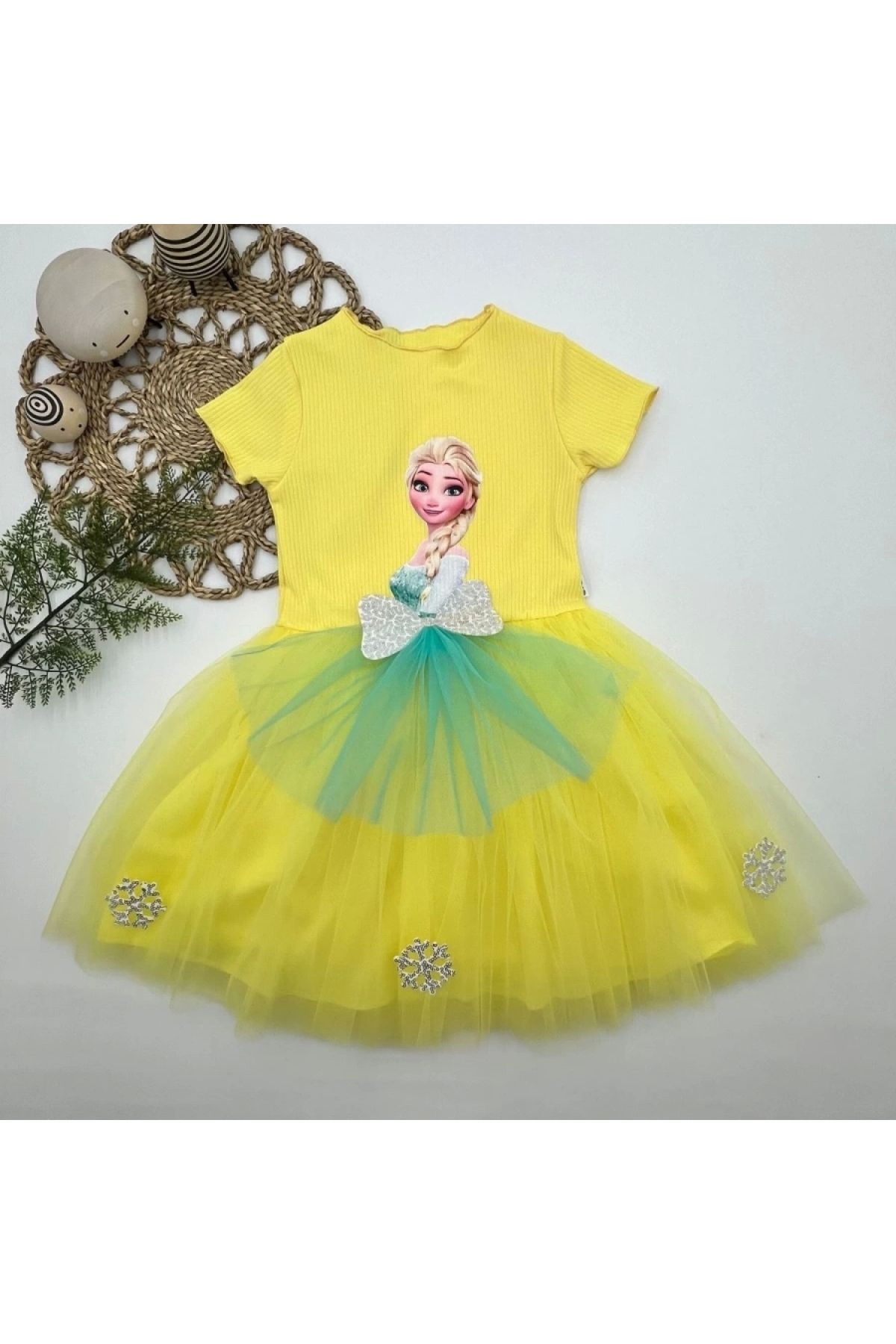 5-6-7 Years Old Elsa Patterned Bow Tulle Skirt Lined Short Sleeve Girls Tutu Dress