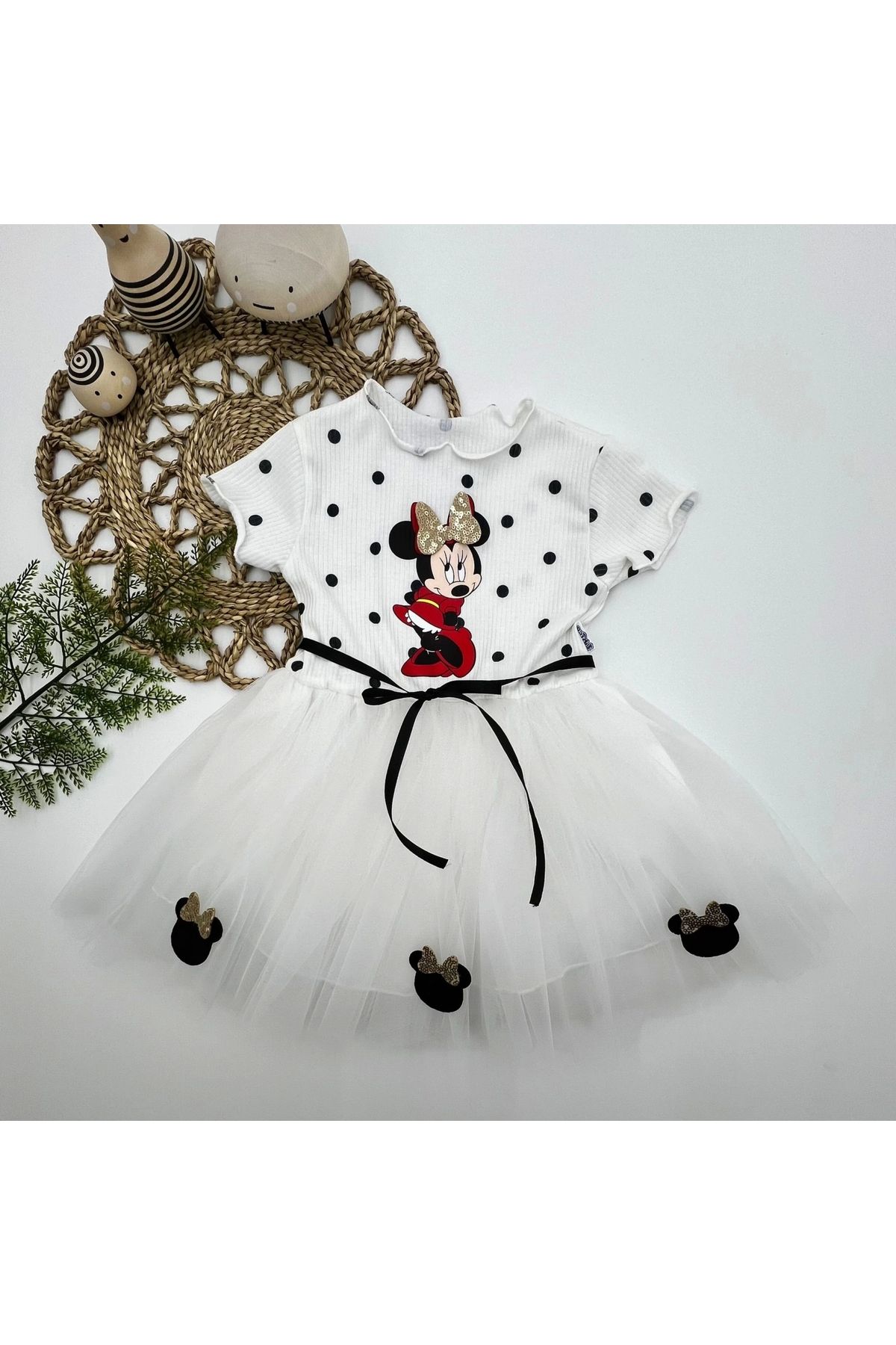 2-3-4 Years Old Polka Dot Mickey Printed Ribbon Belted Lined Baby Girl Tutu Dress