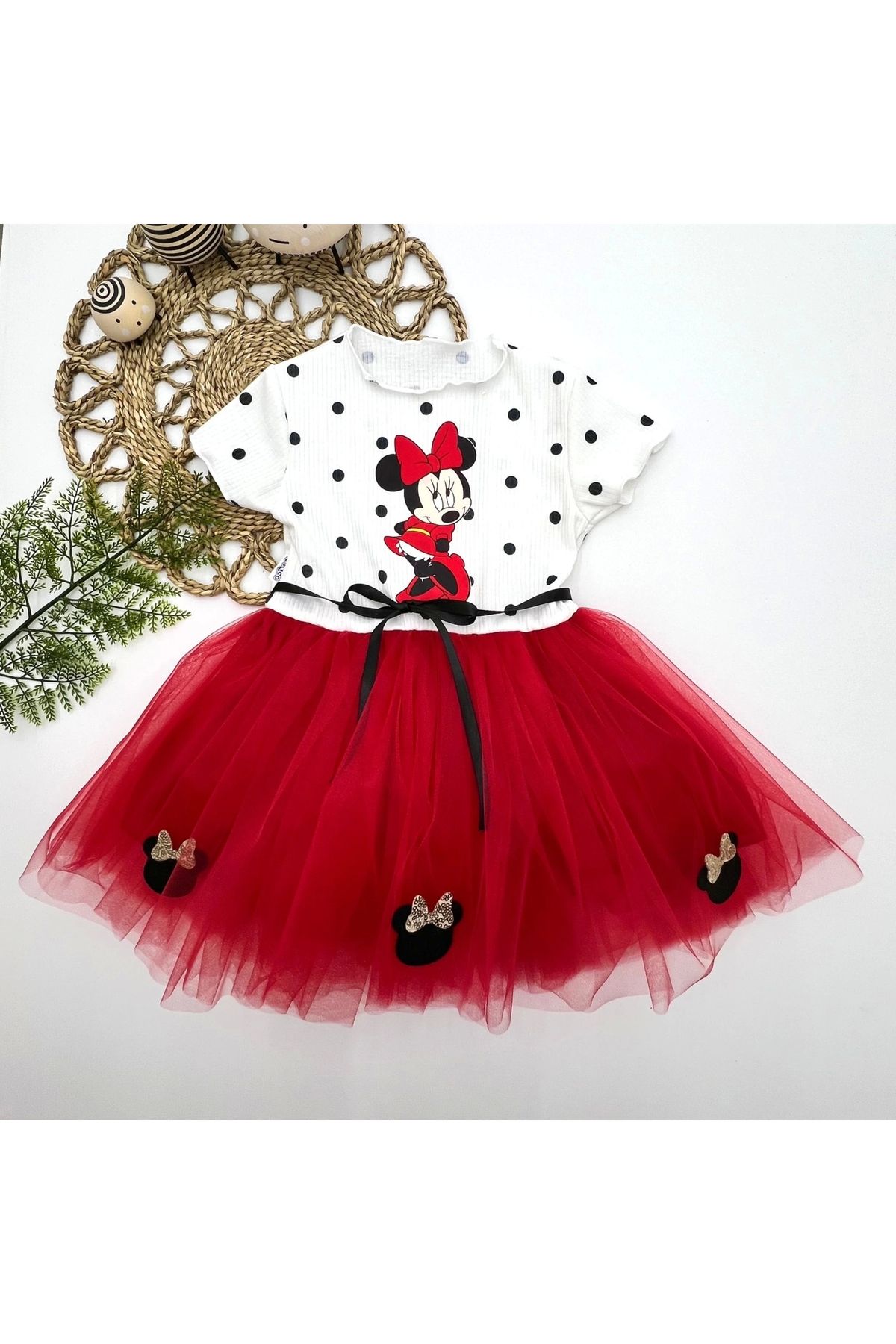 2-3-4 Years Old Polka Dot Mickey Printed Ribbon Belted Lined Baby Girl Tutu Dress