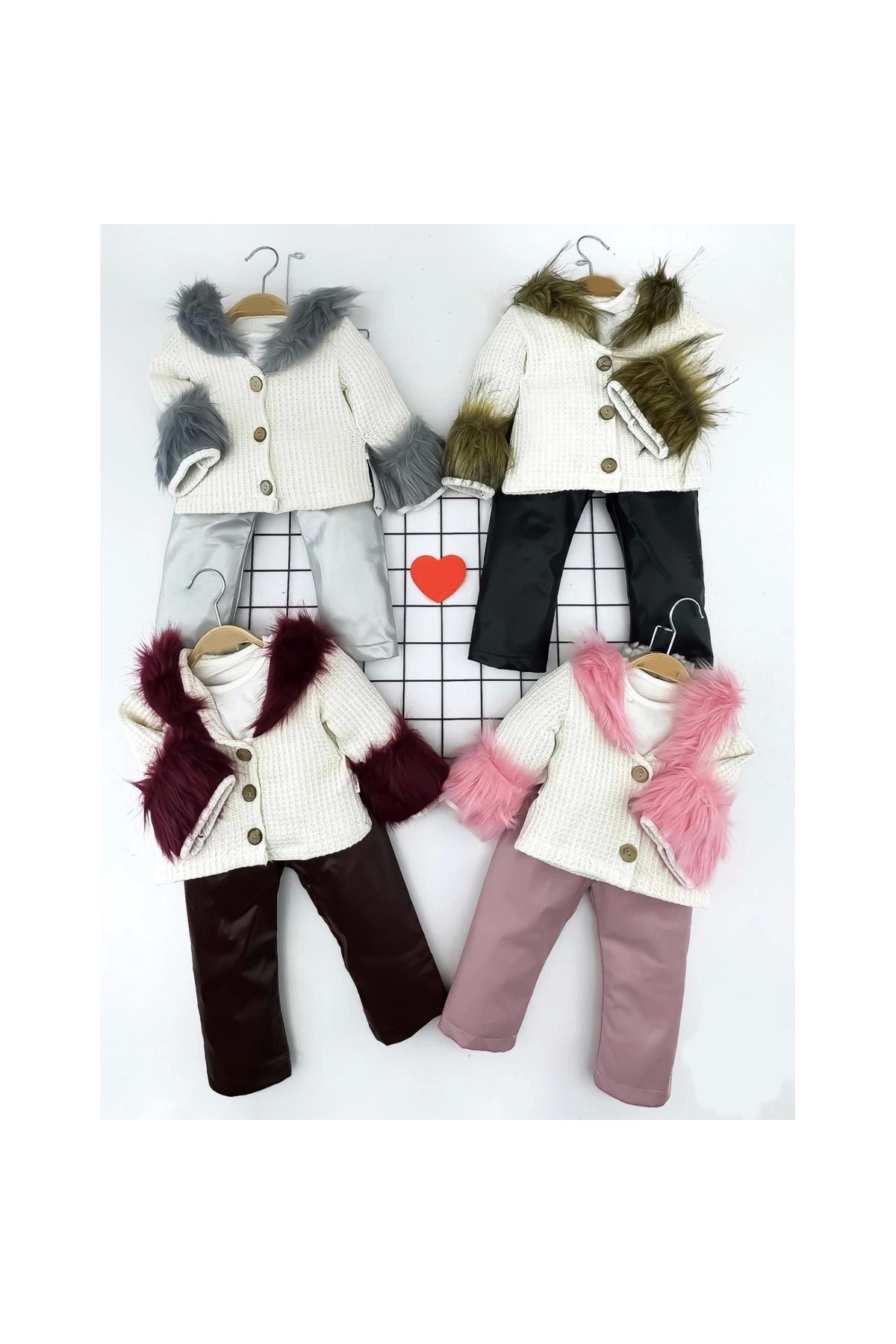 9-12-18-24 Months 3-Piece Baby Girl Set with Button Closure, Furry Ruffle Jacket and Sweat