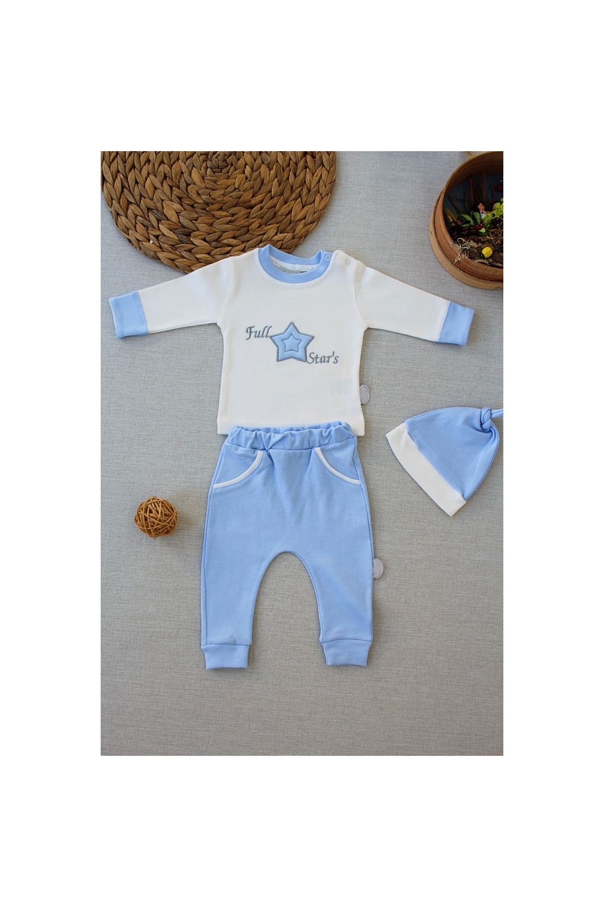 3-6 6-9 9-12 Months Full Star Embroidered Hat Long Sleeve Sweat 3 Piece Baby Boy Set