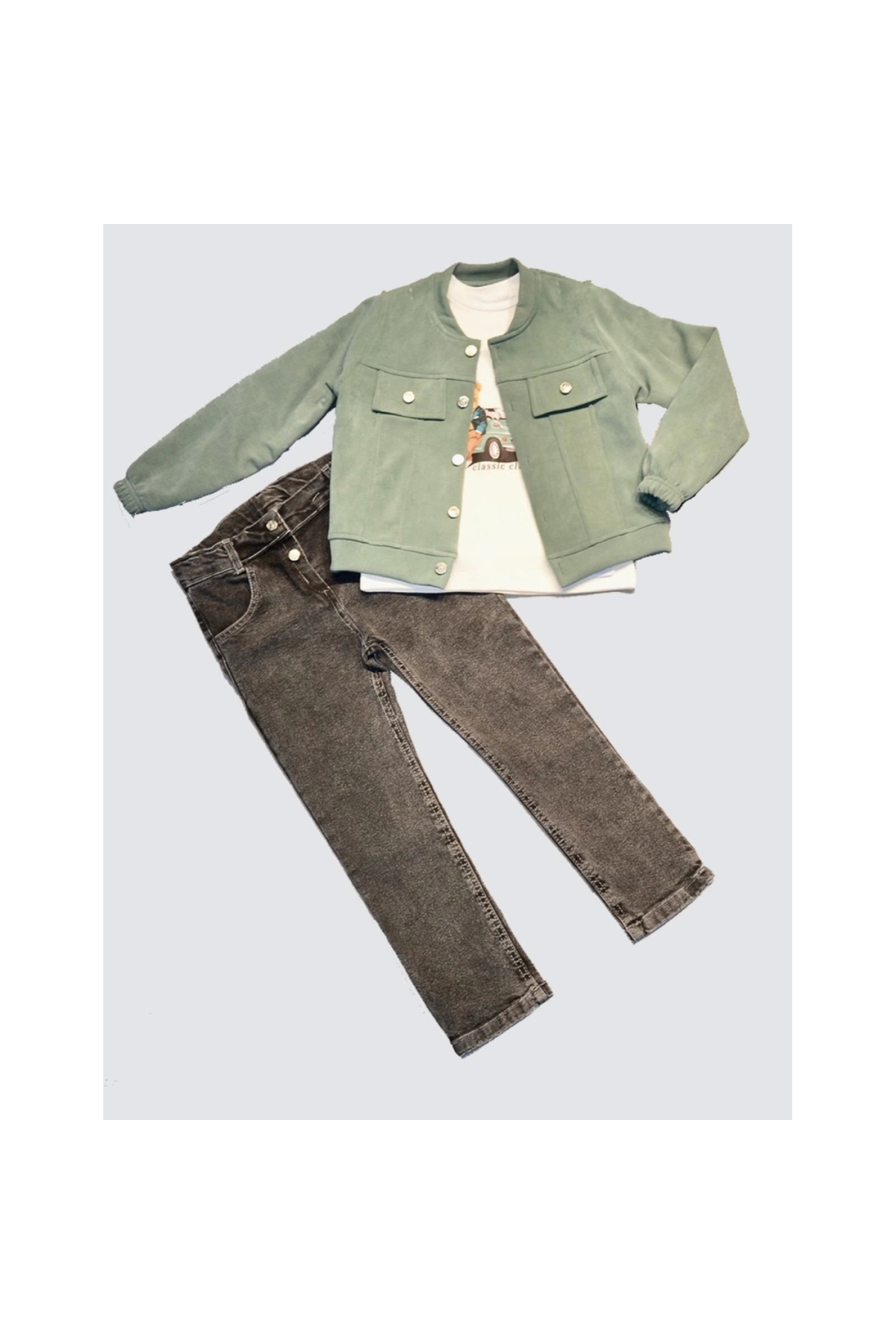 4-5-6 Years Old Boy Set with Jeans, Nubuck Jacket, Long Sleeve Combed Cotton Sweat, 3 Piece