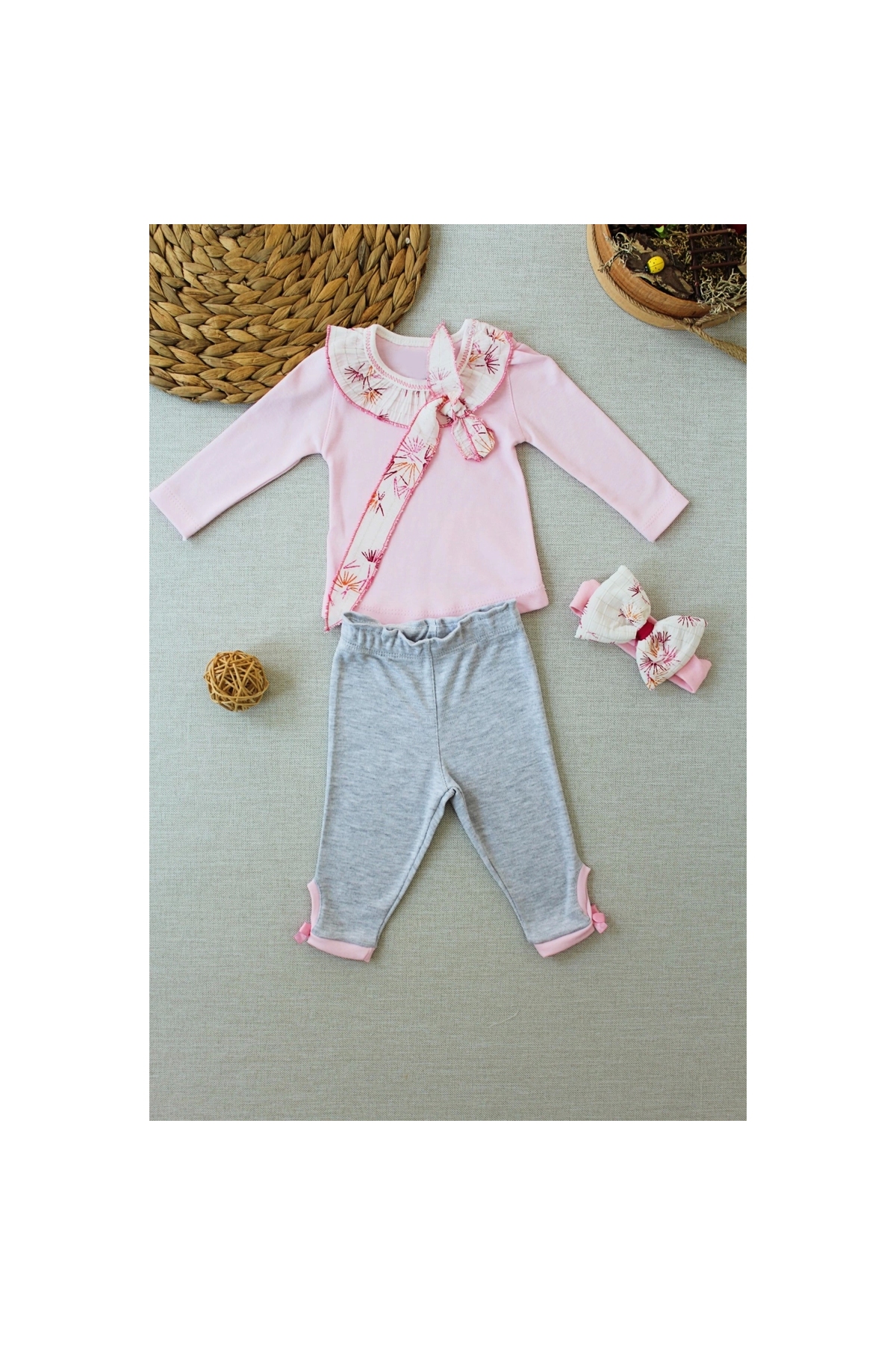 3-6 6-9 9-12 Months Mademoiselle Collar Ruffle Detailed Bandana Long Sleeve Sweat 3-Piece Baby Girl Set